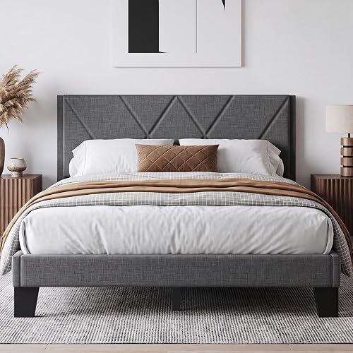 Queen Platform Bed Frame with Upholstered Headboard, Gray