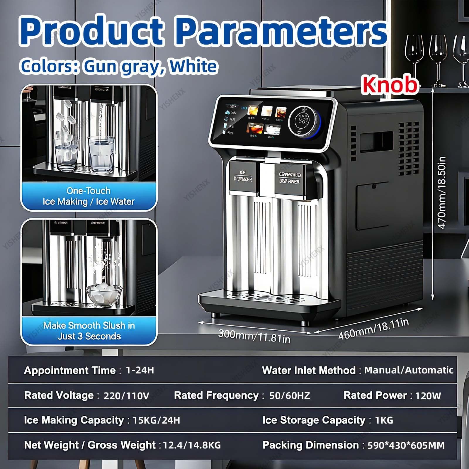 Máquina De Hielo De Gran Capacidad, Máquina De Hielo Profesional 3 En 1, 5 Modos De Dispensación, Producción Diaria De 15 Kg, Funcionamiento Silencioso De 48 Db, Fiesta(White,Knob)
