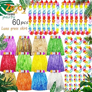 Zeyoy Hawaiian Luau Hula Skirts Decorations, Grass Skirts, Hawaiian Bracelet & Necklace for Tropical Beach Party Holiday Birthdays Party Favor Party Decorations Favors Supplies Multicolor