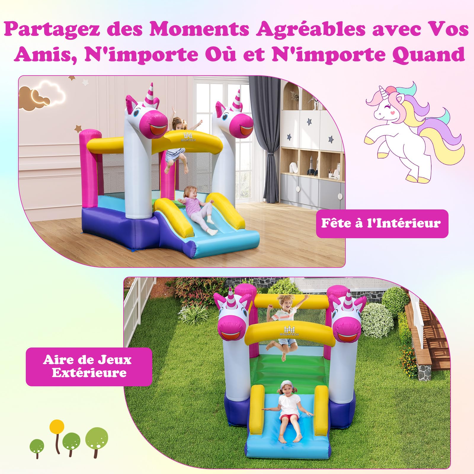 COSTWAY Château Gonflable sur Thème Licorne avec Toboggan et Maison de Saut, Aire de Jeux Gonflable en Tissu Oxford avec Sac de Transport, Intérieur Extérieur jusqu'à 2 Enfants de 3-12 Ans
