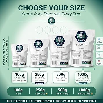 L-Glutamine Powder Supplement 5g Pure Amino Acid for Muscle Recovery, Gut Health & Immune Support Unflavored Fast Dissolving l glutamine for Women and Men GMO Free 100g