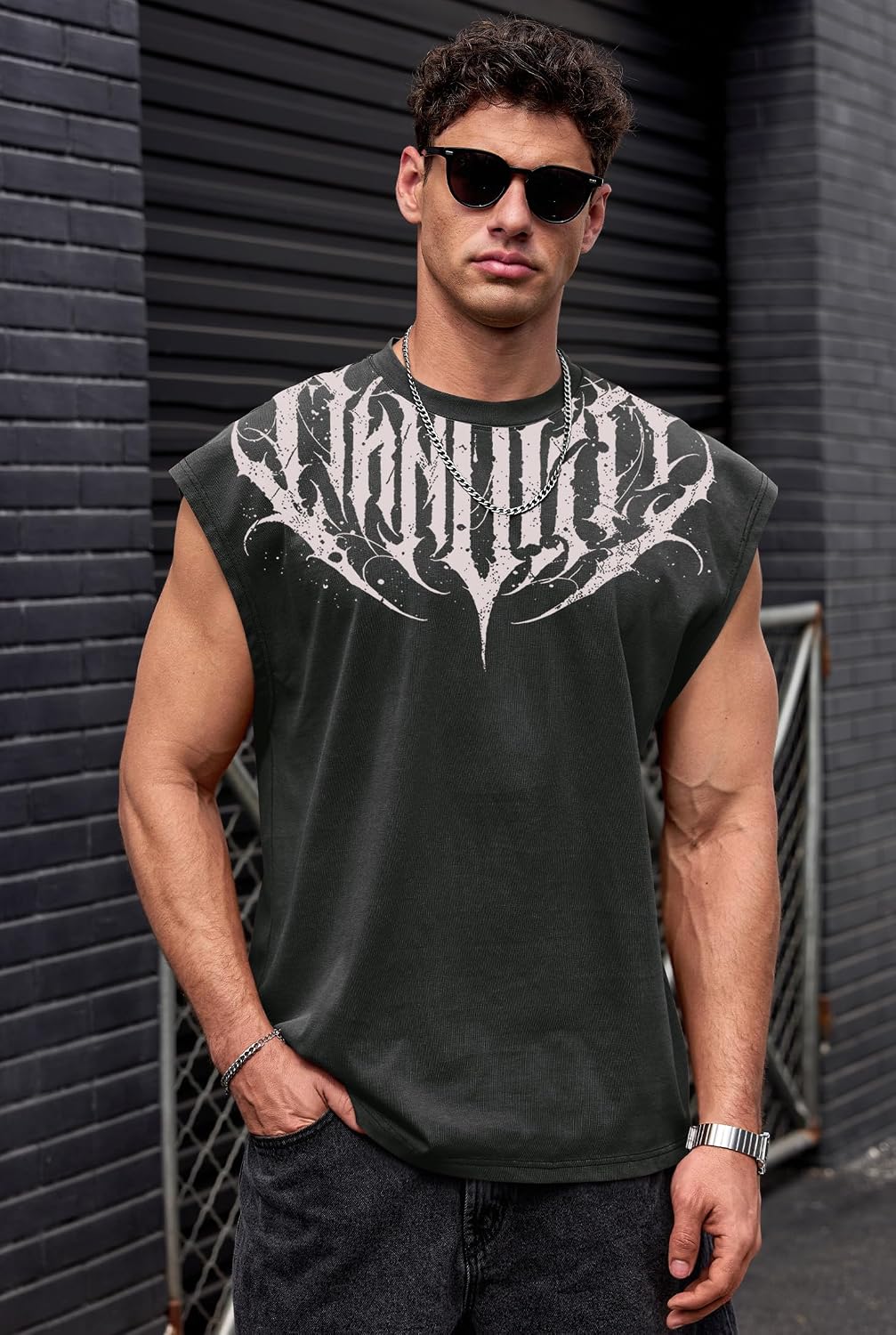 VOGSTART Mens Gothic Graphic Tank Tops Oversized Acid Wash Sleeveless Shirt