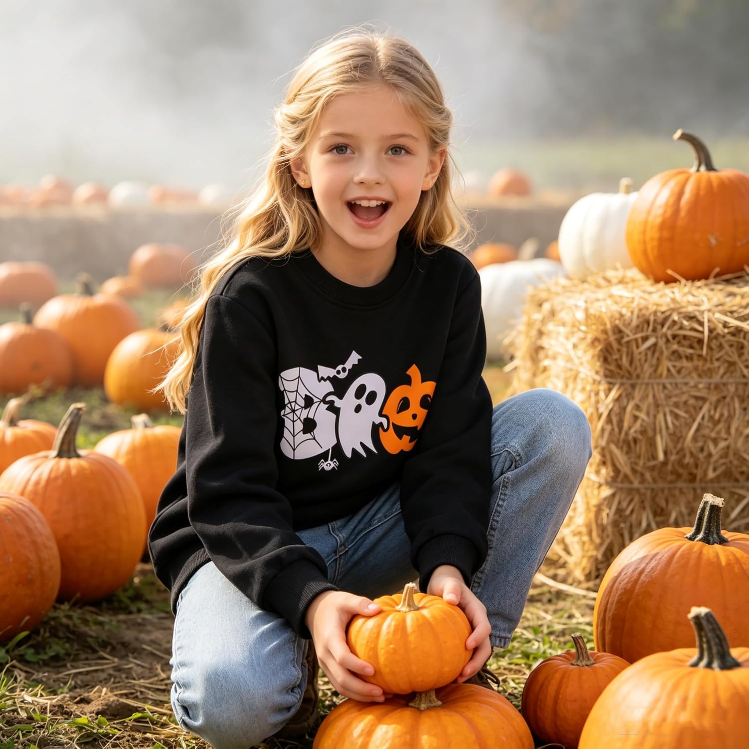 Girls Halloween Shirt, Ghost Pumpkin Sweatshirt, Spooky Season Crewneck Top