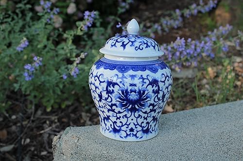 Miniatura 2 de Tarro de templo en forma de casco de porcelana azul y blanca de estilo chino antiguo, diseño de peonía, tamaño pequeño