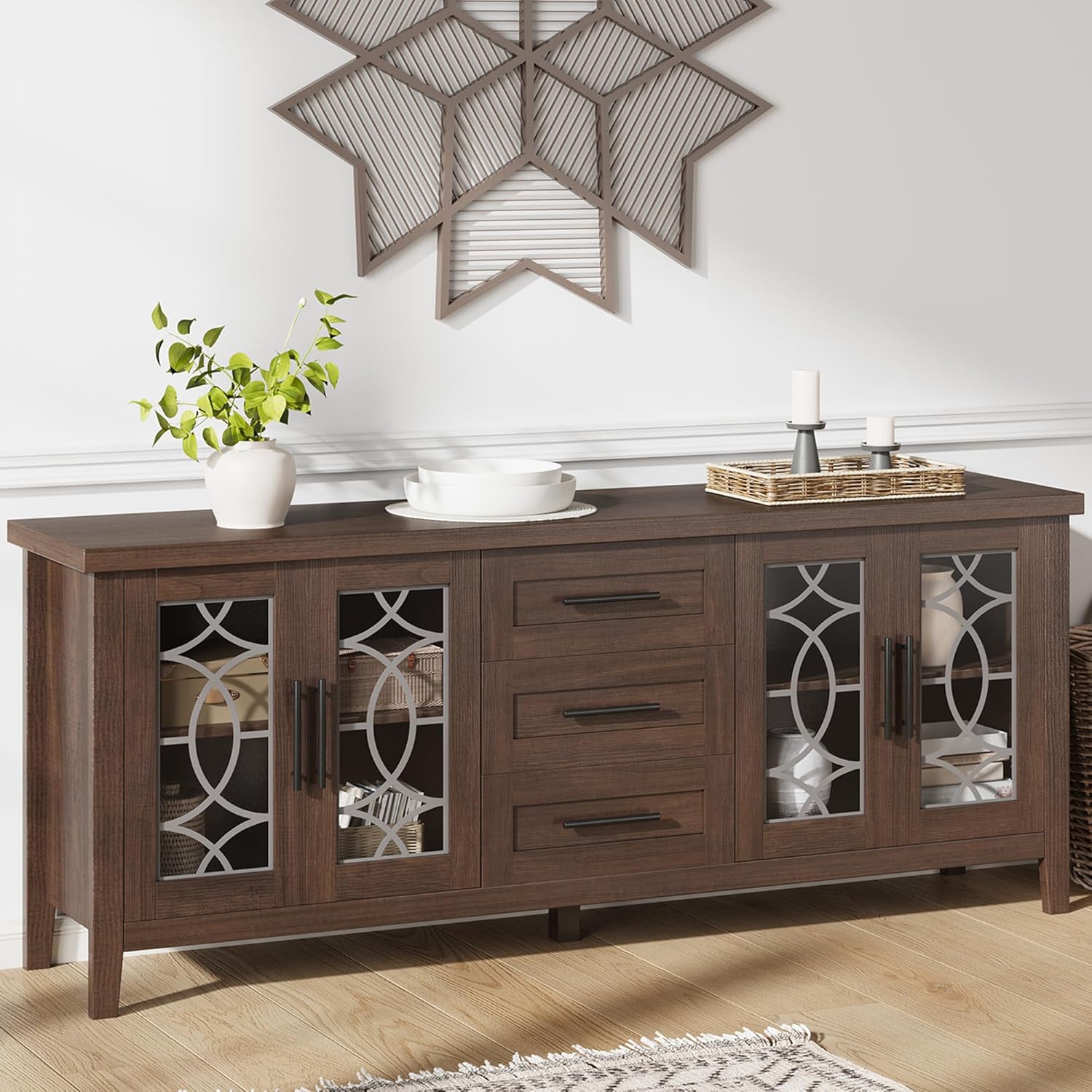 CABIHOME Farmhouse TV Stand with Glass Door for 70 Inch Tv, Mid-Century TV Stand with 2 Storage Door & 3 Drawer, Modern Rustic Entertainment Center, Television Stands for Living Room Bedroom