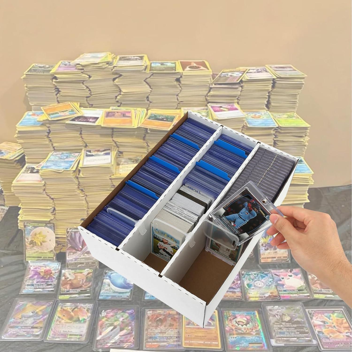 3 Row Trading Card Storage Box – Holds 2400 Cards, Fits Toploaders & Magnetic Cases, Includes 100 Sleeves, 16 Dividers & 6 Supports – Sport Card Organizer