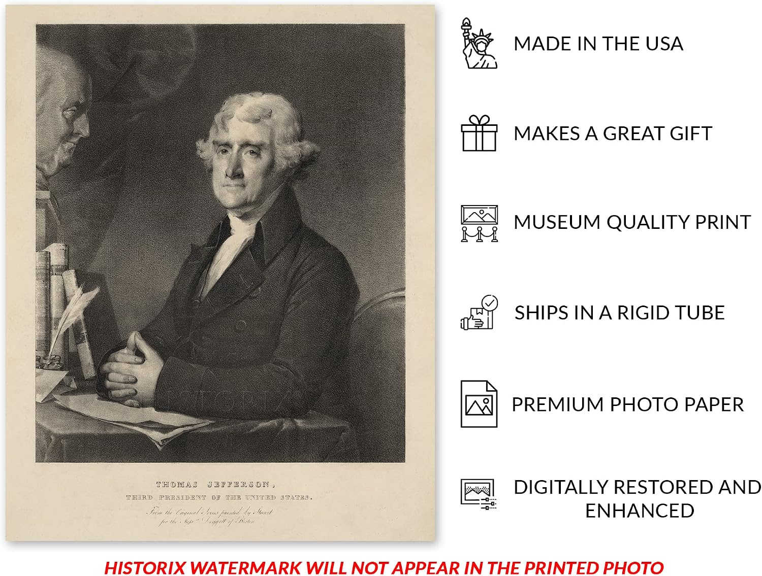 HISTORIX Vintage 1825 Thomas Jefferson Portrait Photo Print - 16x20 Inch Restored Photo of United States Third President Thomas Jefferson Wall Art