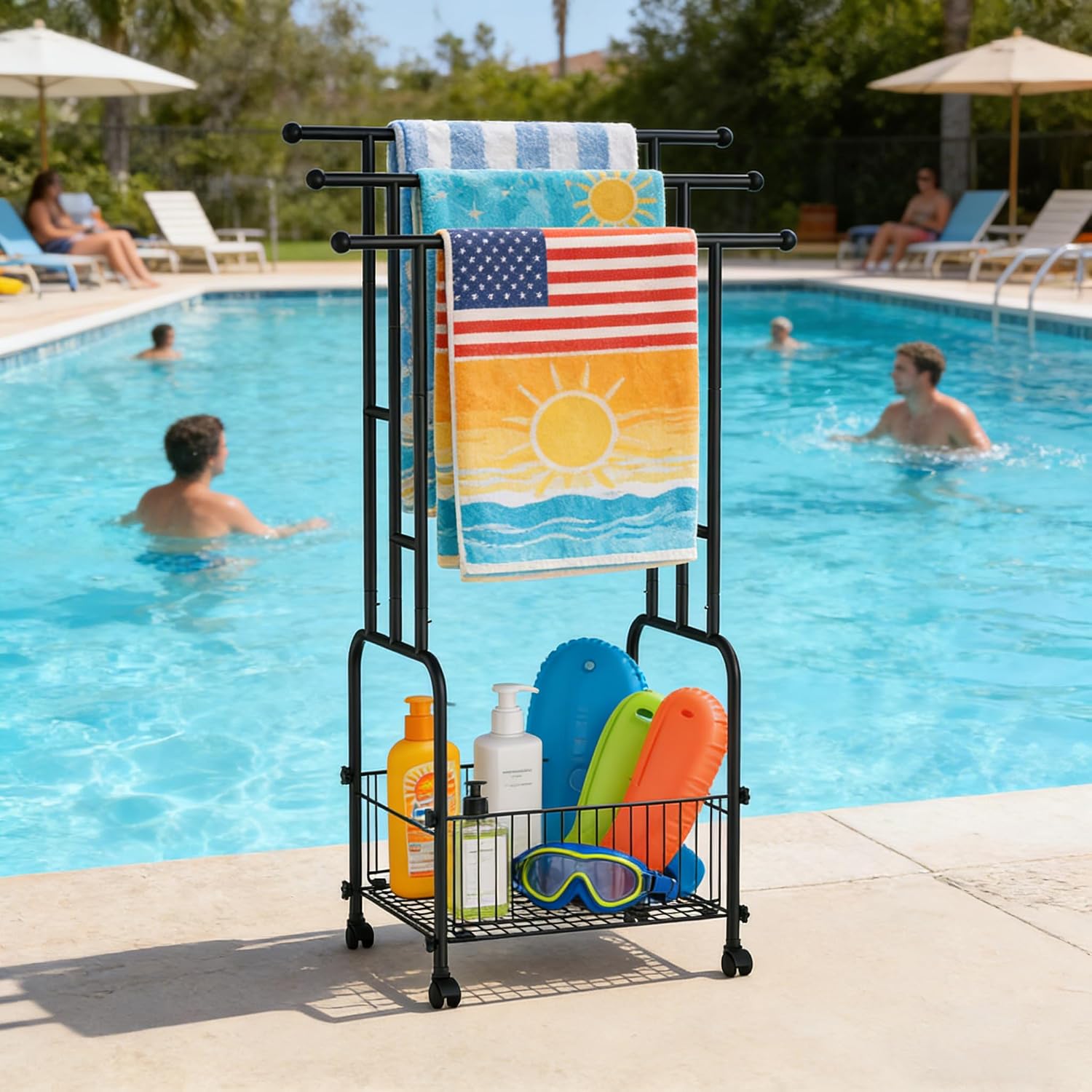 3-Tier Freestanding Rolling Towel Rack with Storage Basket, Drying Stand for Bathroom & Outdoor Pool, Multifunctional Indoor Outdoor Organizer