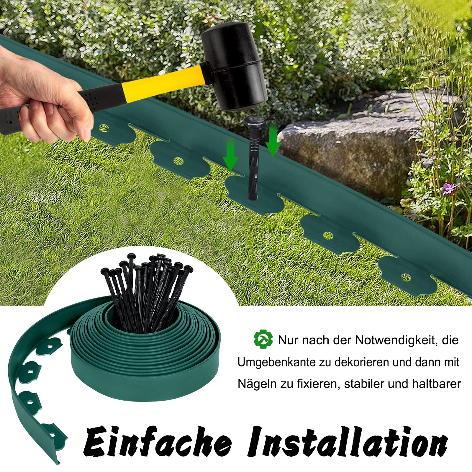 XMTECH Flexible Rasenkante Kunststoff 10m, mit 30 Befestigungsheringen, Beeteinfassung blumenbeet Umrandung Grün