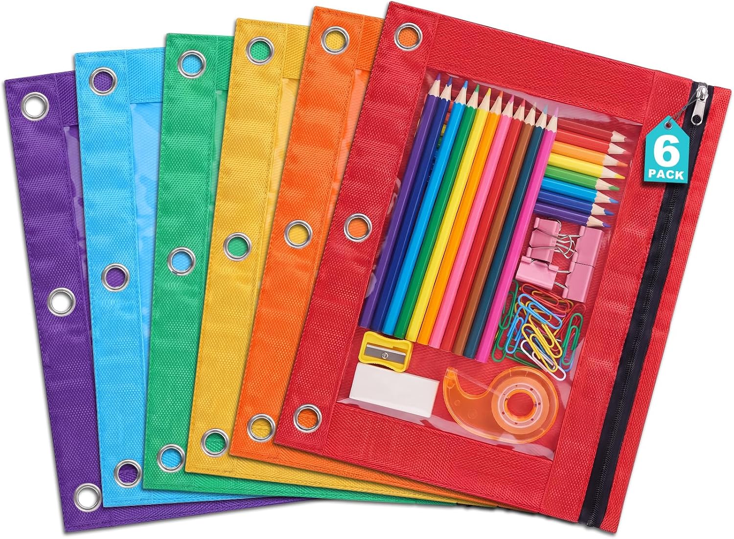 Crtiin 6 Pack 3 Ring Pencil Binder Pouch Bulk Multicolor Binder Pencil Case