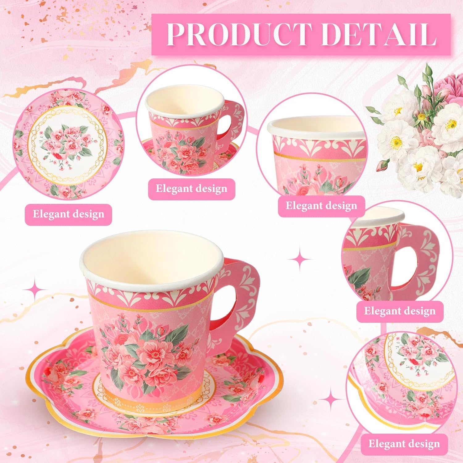 Nuogo 300Pcs Floral Paper Tea Cups and Saucers 7 OZ Disposable Tea Cup with Handle and Plates for Garden Party Supplies Wedding Birthday Baby Shower Bridal Mother's Day, Serve 150 Guest(Vibrant Color)