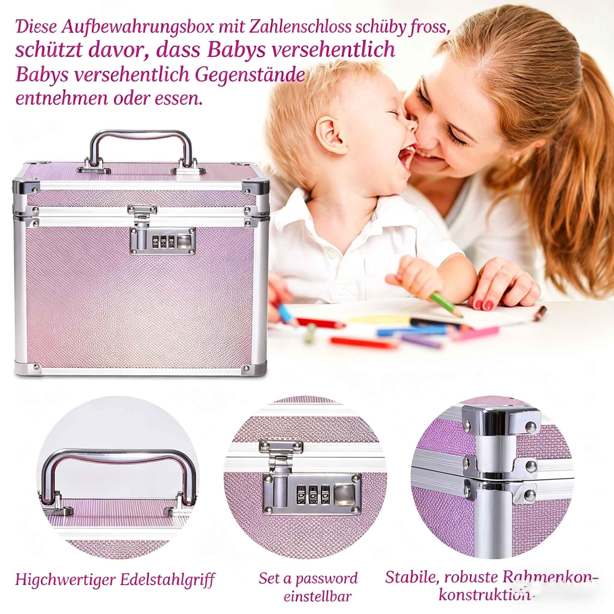Aufbewahrungsbox mit Zahlenschloss, Abschließbare, Aluminium-Rahmen, 26x18x20 cm, für Medikamente, Dokumente und Wertsachen, Tresor Kinder (Holografik-Pink)