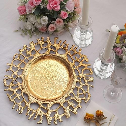 Miniatura 9 de Efavormart - Paquete de 6 platos de carga acrílicos de rama fundida dorada de 13 pulgadas, platos decorativos de plástico hueco para servir