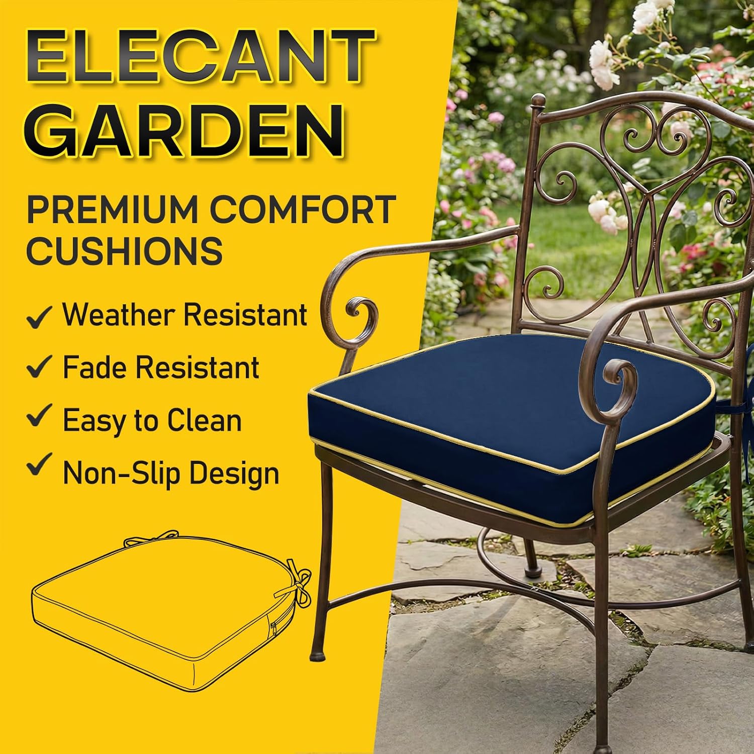 4 Pack 17×16 INCH D-Shaped Outdoor Seat Cushions - Heavy Duty Foam Patio Chair Pads for Lawn, Garden, Camping - All Weather Furniture Covers (Blue, 17 INCH × 16 INCH)