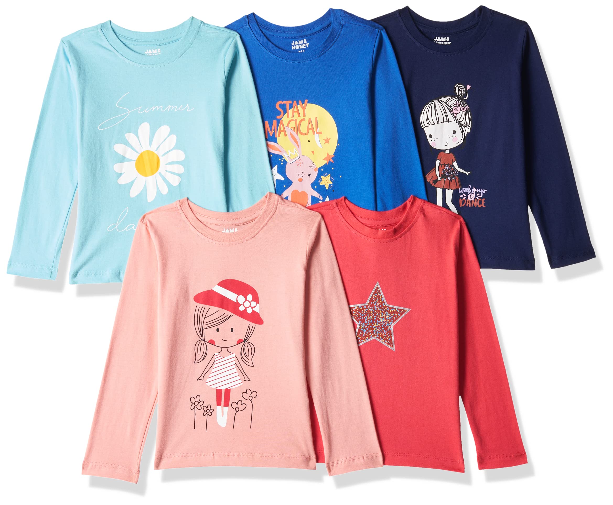 Amazon Brand - Jam & Honey Girls' Pack of 5 100% Soft & Pure Cotton T-Shirts That are Both Comfortable and Stylish