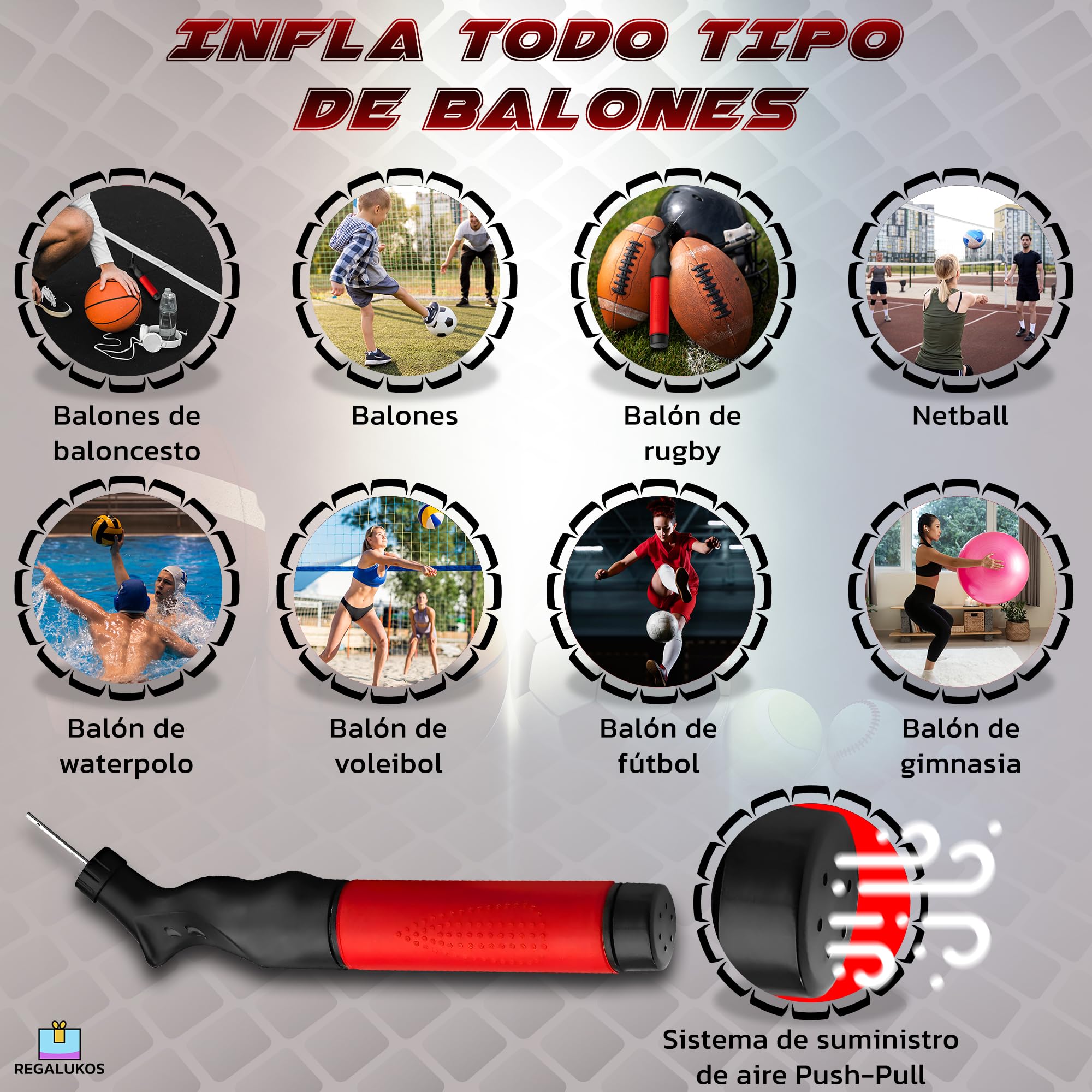 Inflador Balones + 5 Agujas de inflado + Bolsa Tela Negra para Guardar Inflador | Hinchador Balones de Fútbol, Baloncesto, Balonmano, Voleibol, Rugby, etc.