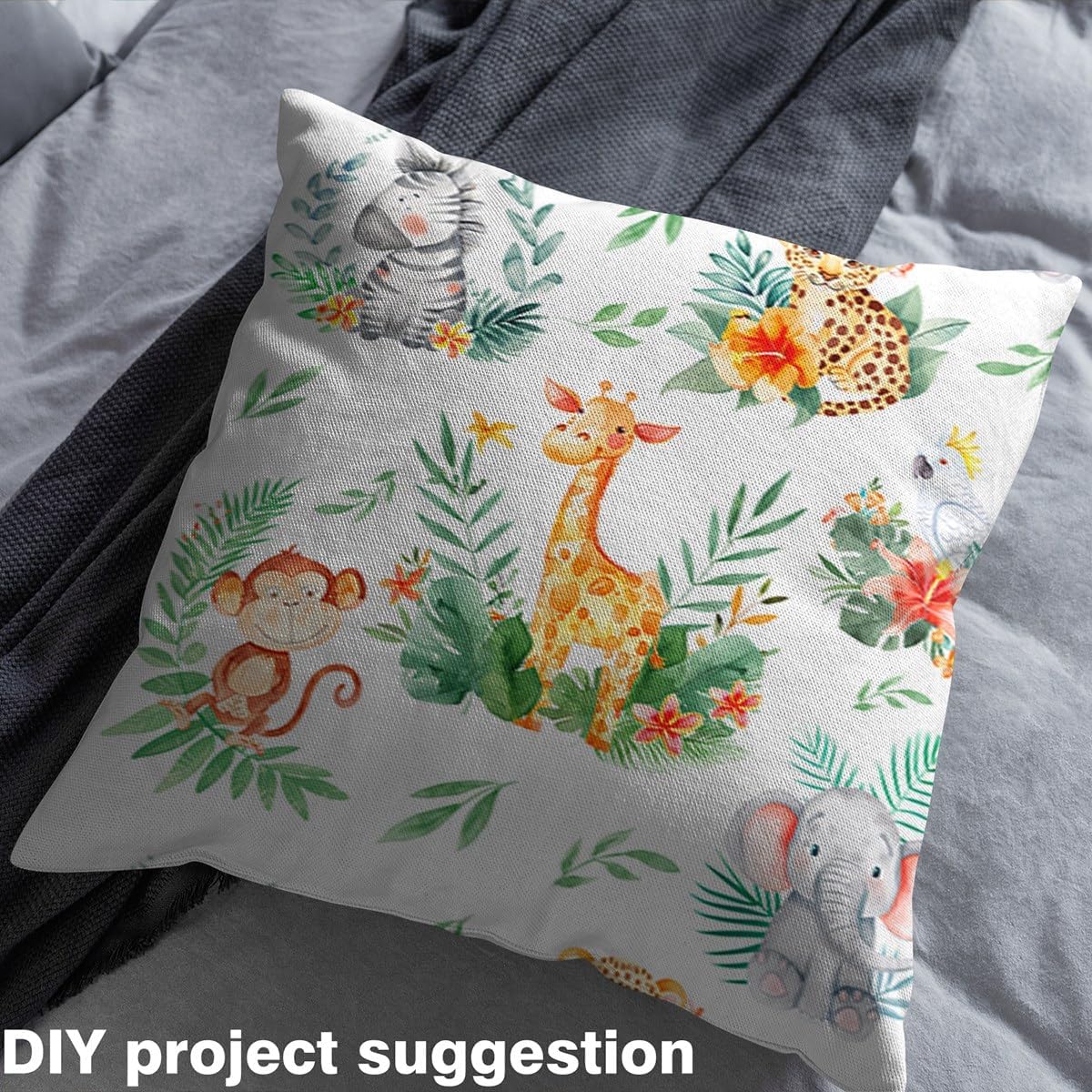 Cartoon Wildlife Decorative Fabric by The Yard Cute Elephant Tiger Monkey Giraffe Indoor Outdoor Upholstery Fabric Tropical Plants Fabric for Quilting Sewing Arts DIY Craft,3 Yard