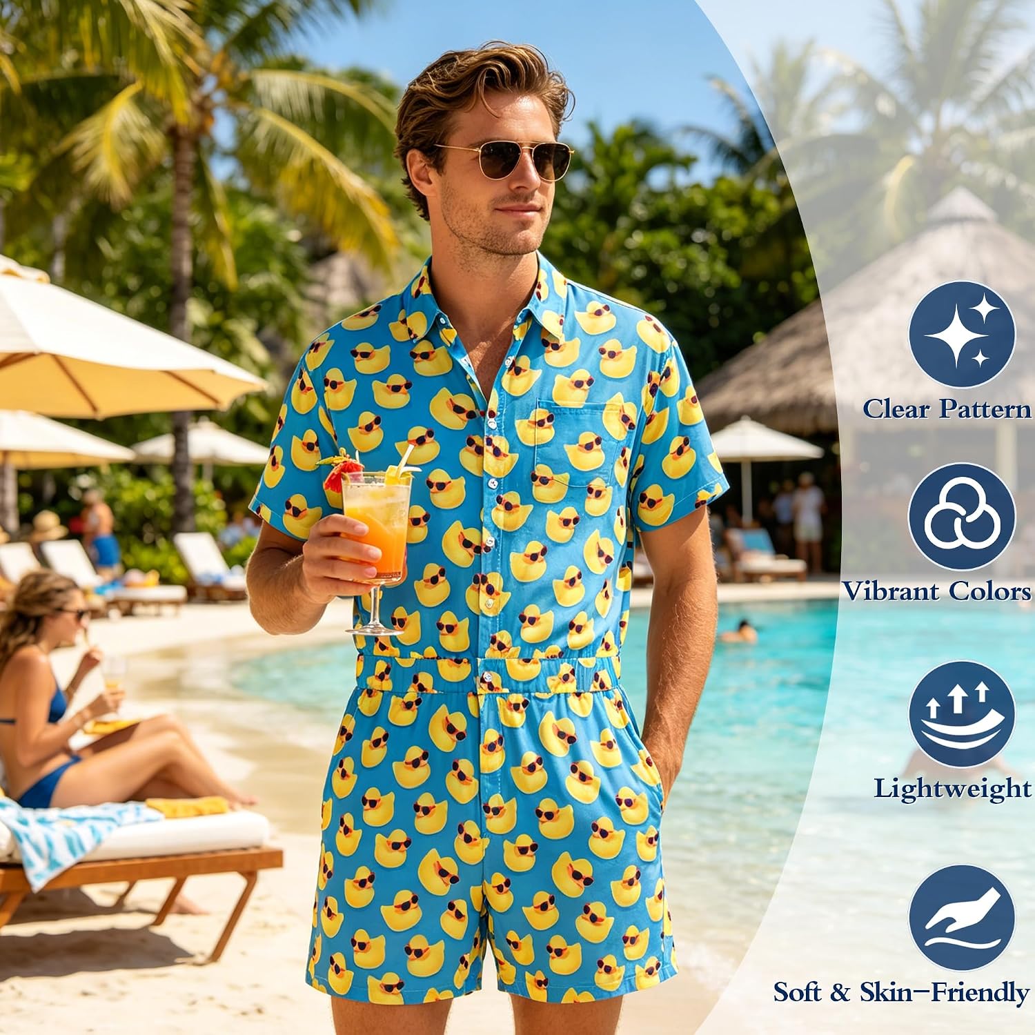 4th of July Button Up Patriotic Romper for Men with Pocket