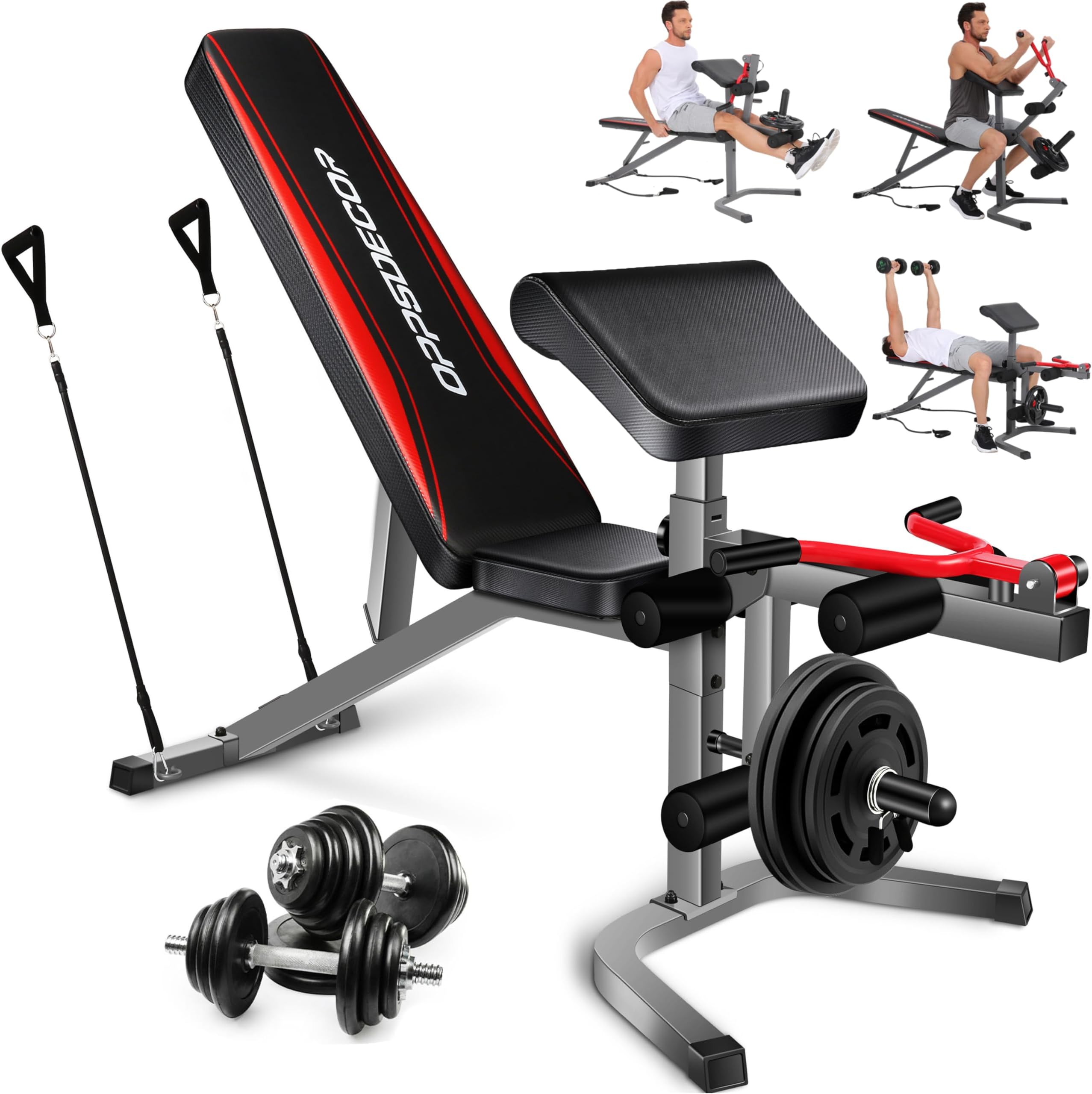OPPSDECORAdjustable Weight Bench Set with Leg Extension & Leg Curl, 900LBS Incline/Decline/Flat Preacher Curl Bench, Space-Saving Workout Bench for Home Gym
