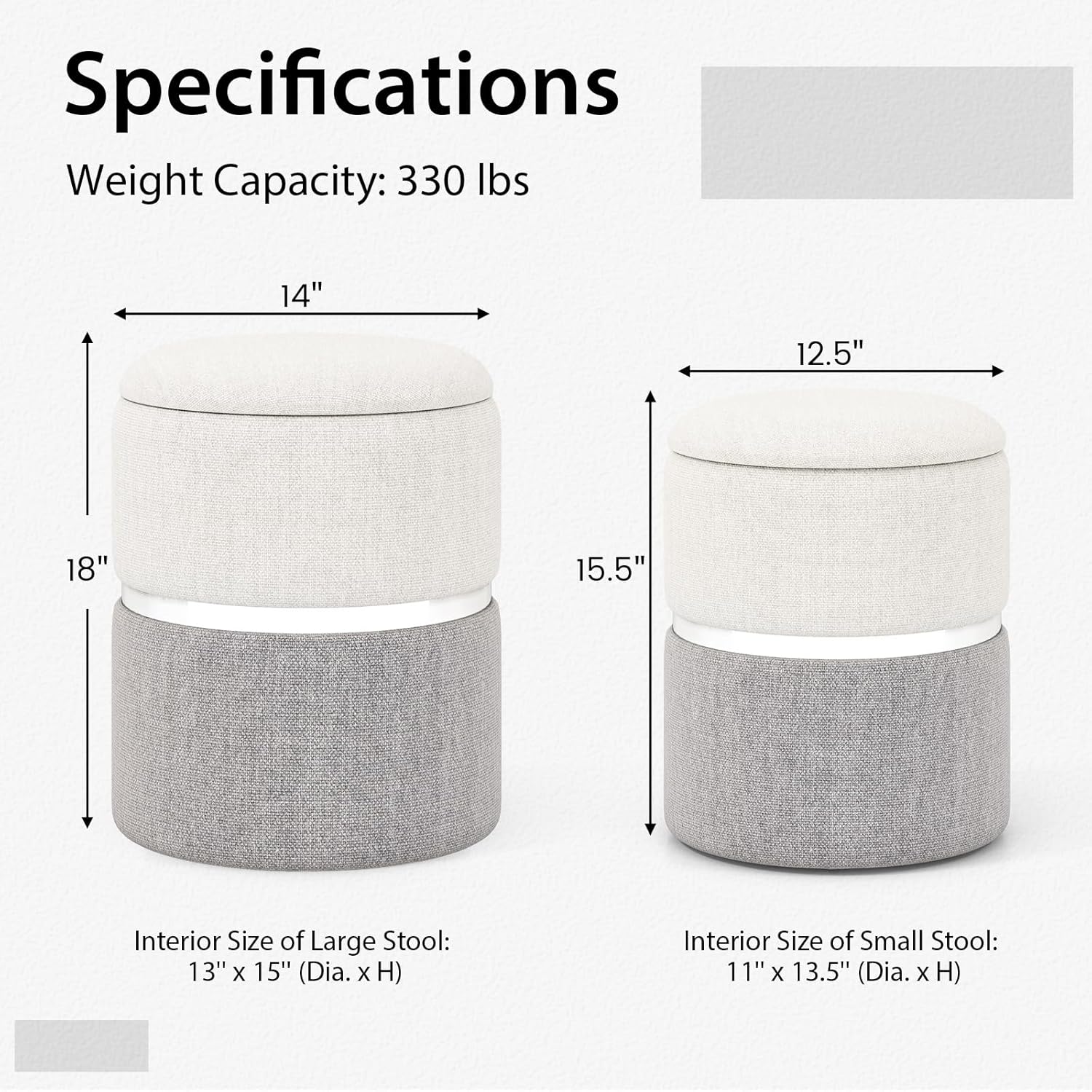 Giantex Ottoman with Storage - Set of 2 Storage Ottomans, 1 Large & 1 Small Nesting Ottoman Side Table, Upholstered Linen Round Foot Rest Vanity Stool for Bedroom Living Room (Gray)