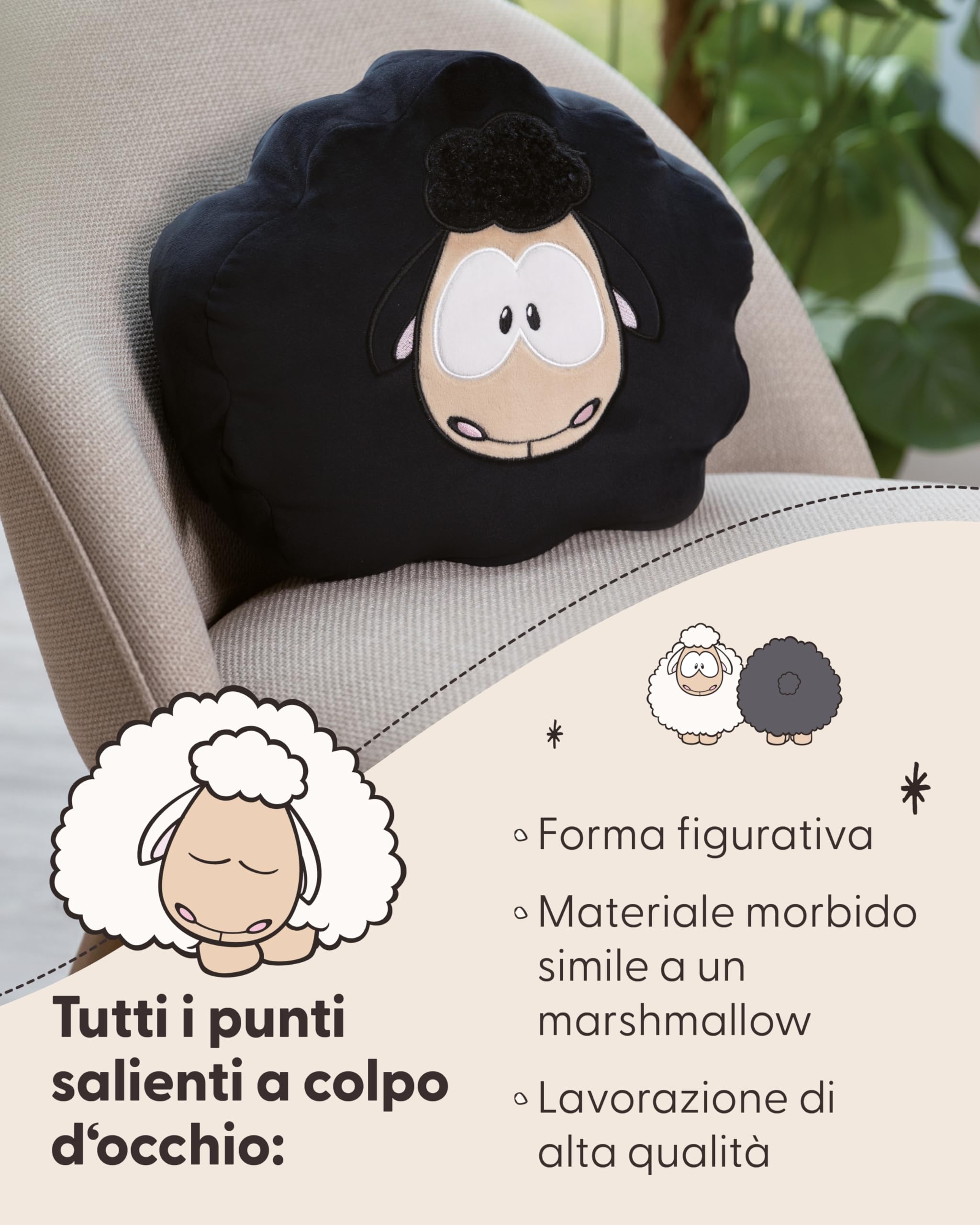 NICI cuscino di peluche Pecora 35x33cm nero - Soffice cuscino morbido per bambini, bambine, neonati e amanti dei peluche - Ideale a casa, all'asilo o in viaggio - 49921