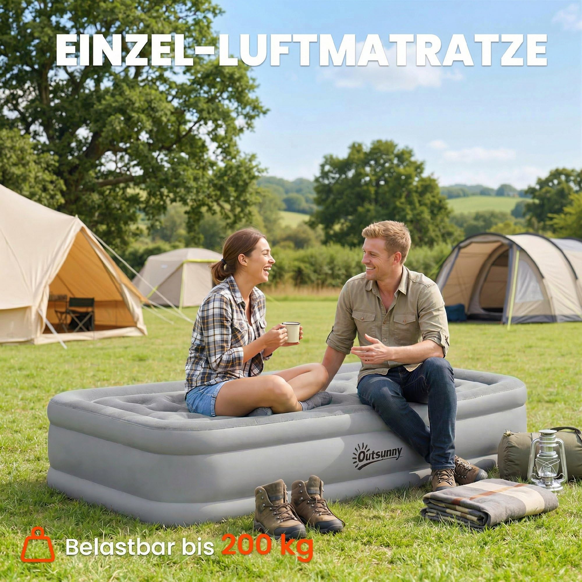 Outsunny Materac dmuchany dla 1 osoby, samopompujący, z wbudowaną pompką w 3 minuty, komfortowa flokowana powierzchnia, nadmuchiwany materac, wodoszczelny, łóżko kempingowe, łóżko dla gości, 200 kg