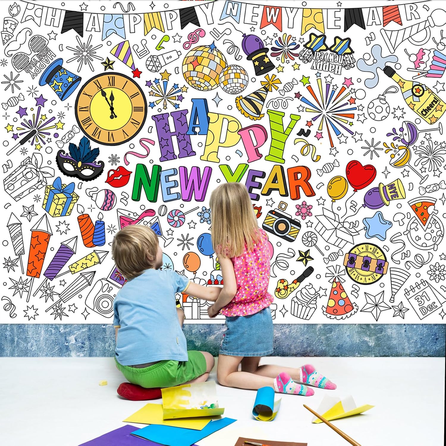 HOWAF Happy New Year Coloring Poster with 24pcs Paint Pens, New Year Firework Jumbo Paper Coloring Banner, Happy New Years Giant Paper Colouring Tablecloth for 2026 New Years Eve Part Kids