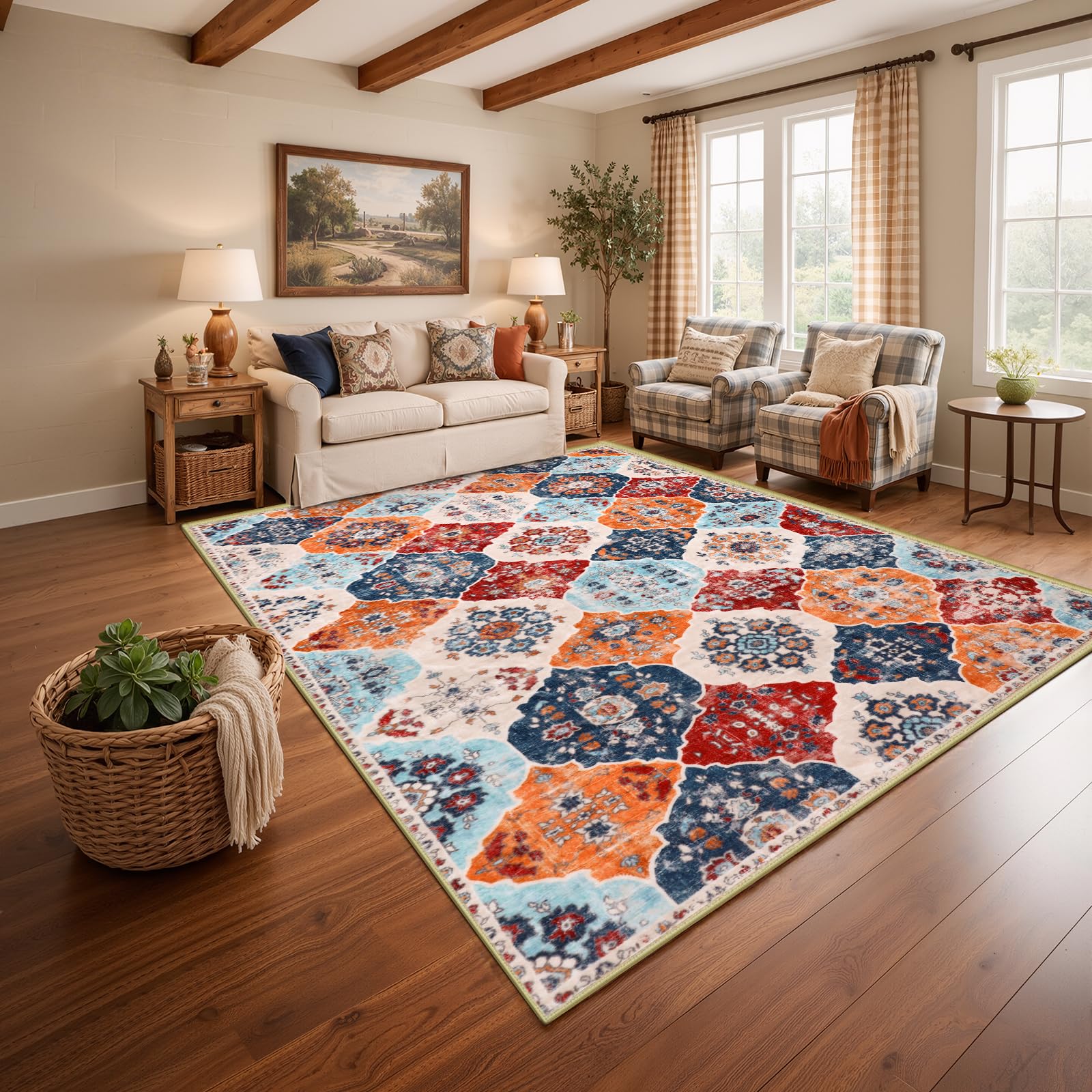 FLYRUGGO Area Rugs, 5x7 Washable Boho Throw Rug Indoor, Moroccan Trellis Bohemian Ultra Soft Large Non-Slip Carpet for Living Room Dining Room Office