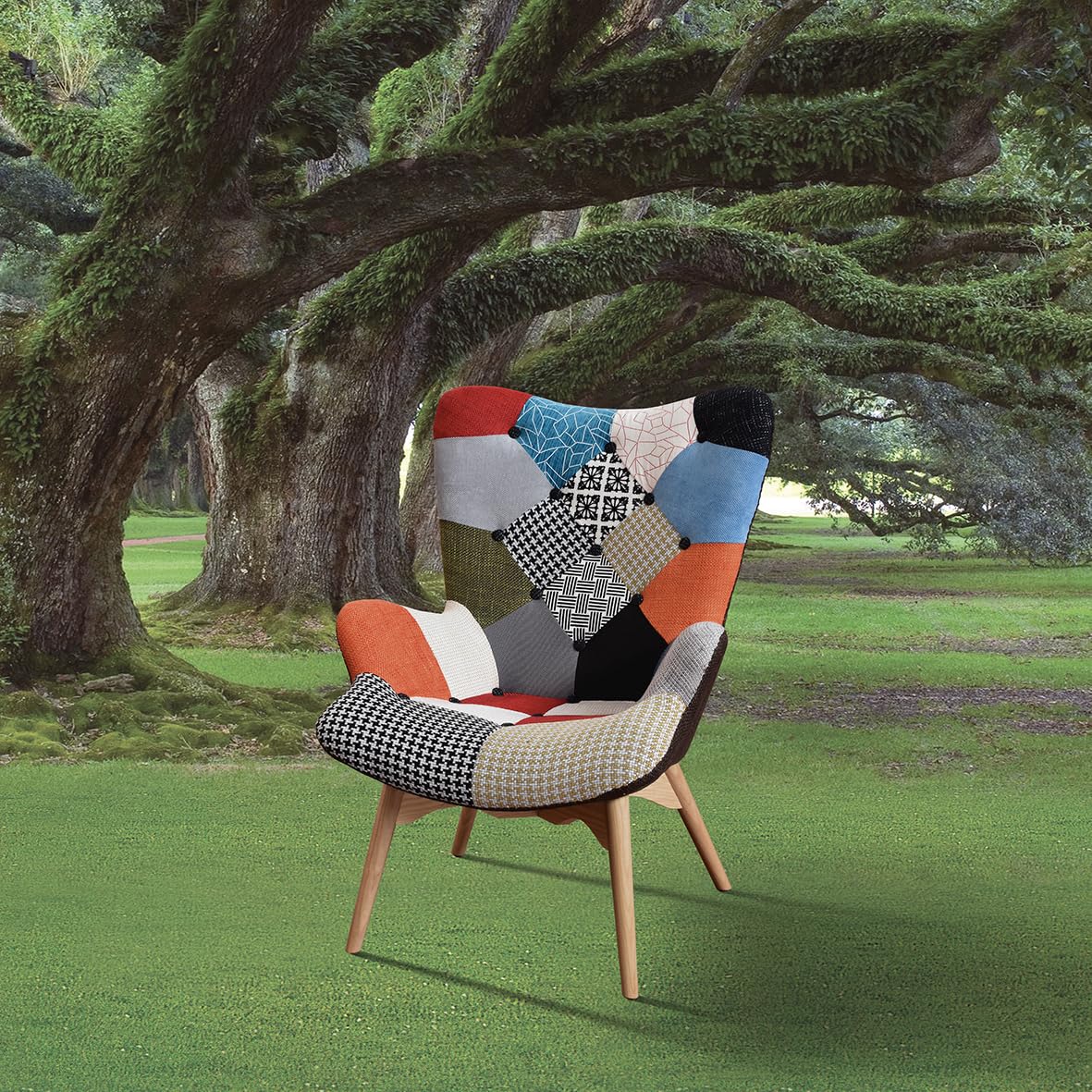 PAZZO DESIGN Sillón Arlequín, multicolor, juego de 1, tela, patas de madera, relajación, lectura, salón, dormitorio – id_769