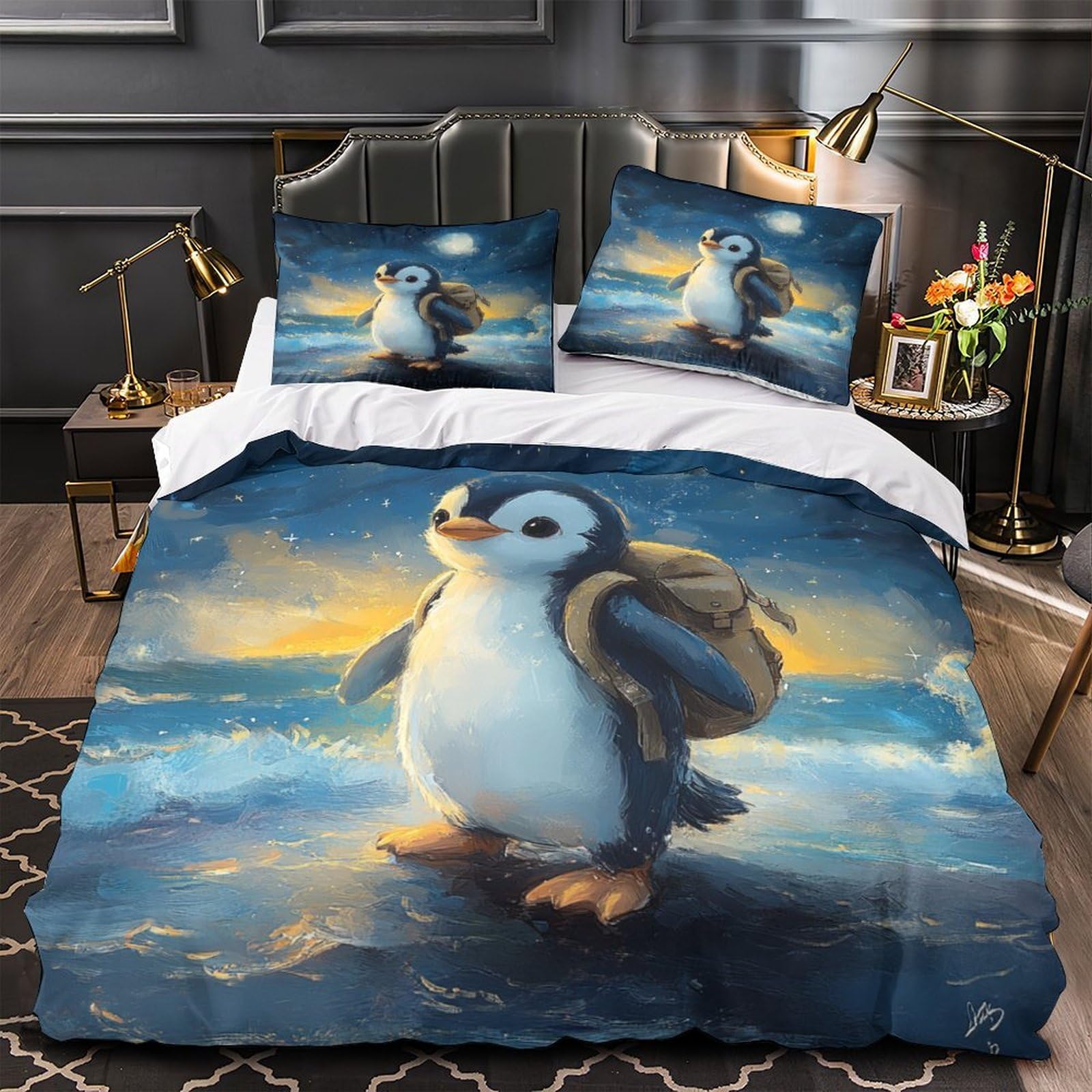 Housse de couette pingouin anti-tache lavable en machine pour lit enfant 2 personnes