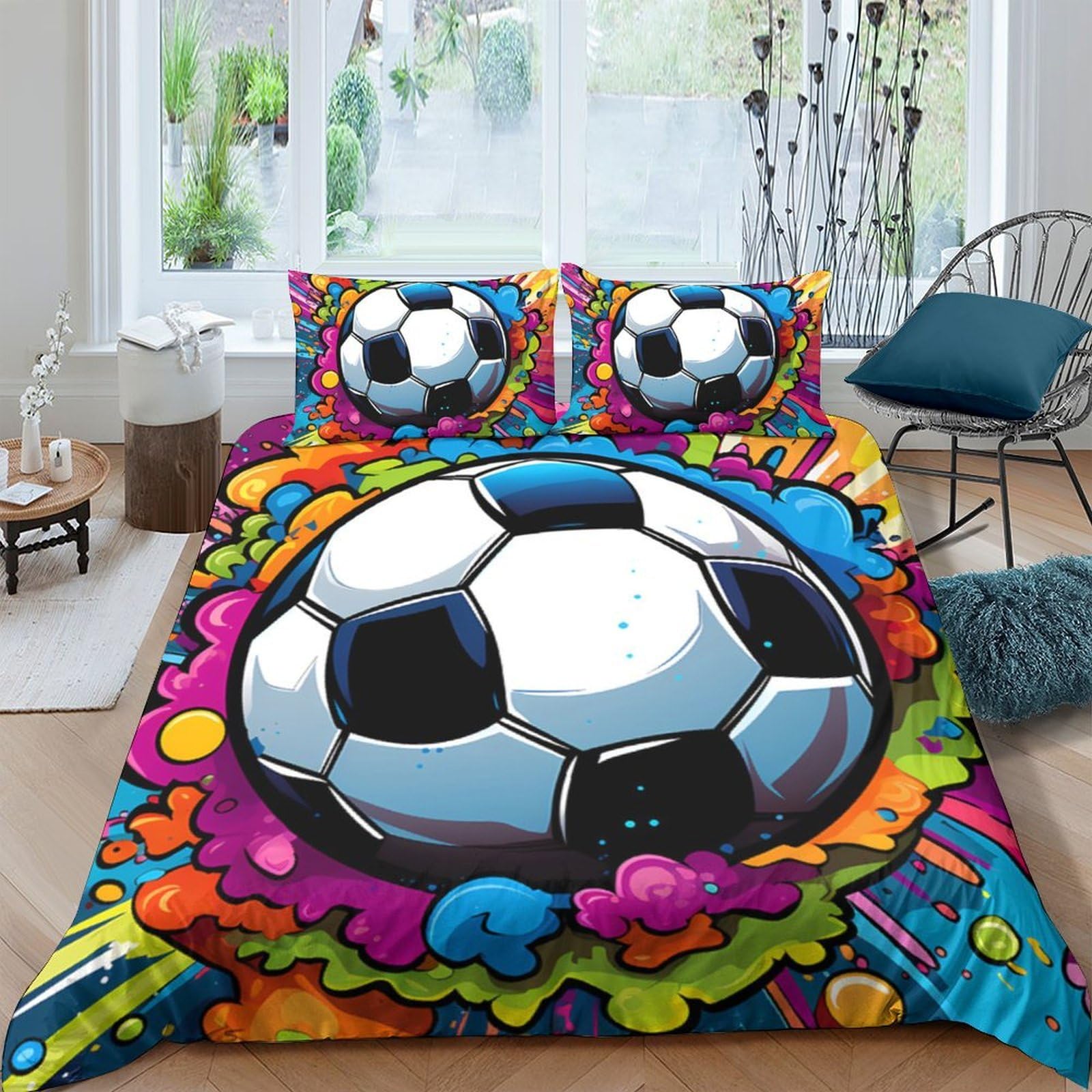 Ctjqhvkz Style-4 3D Printed Graffiti Soccer Fitted Sheet Microfiber Vibrant Football Mattress Cover For Bedroom Guest Room Decor Washable Single（135X200cm）