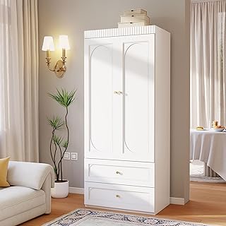 Wooden Wardrobe Closet with Doors: 75" Tall White Armoire Wardrobe Closet with 2 Drawers and 2 Doors, Modern Clothes Cabinets for Bedroom Armoires with Hanging Rod (2-Drawers, 31.5")