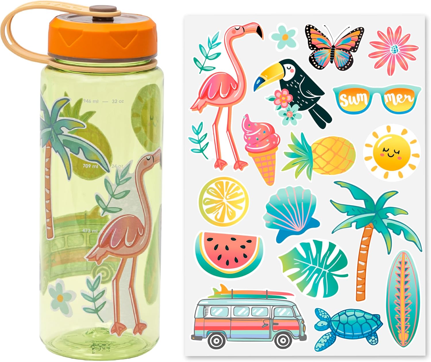 bzyoo HydroPop 36oz Water Bottle w/Custom Personalized Stickers – Leak-Proof, Water Tracking Measurement, Wide Mouth for Ice. Personalized for Gym, Travel or Outdoor BPA Free – Color Green