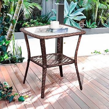 DIMAR GARDEN Outdoor Side Table Wicker Patio Coffee Table with Glass Top and Storage Shelf, Mixed Brown