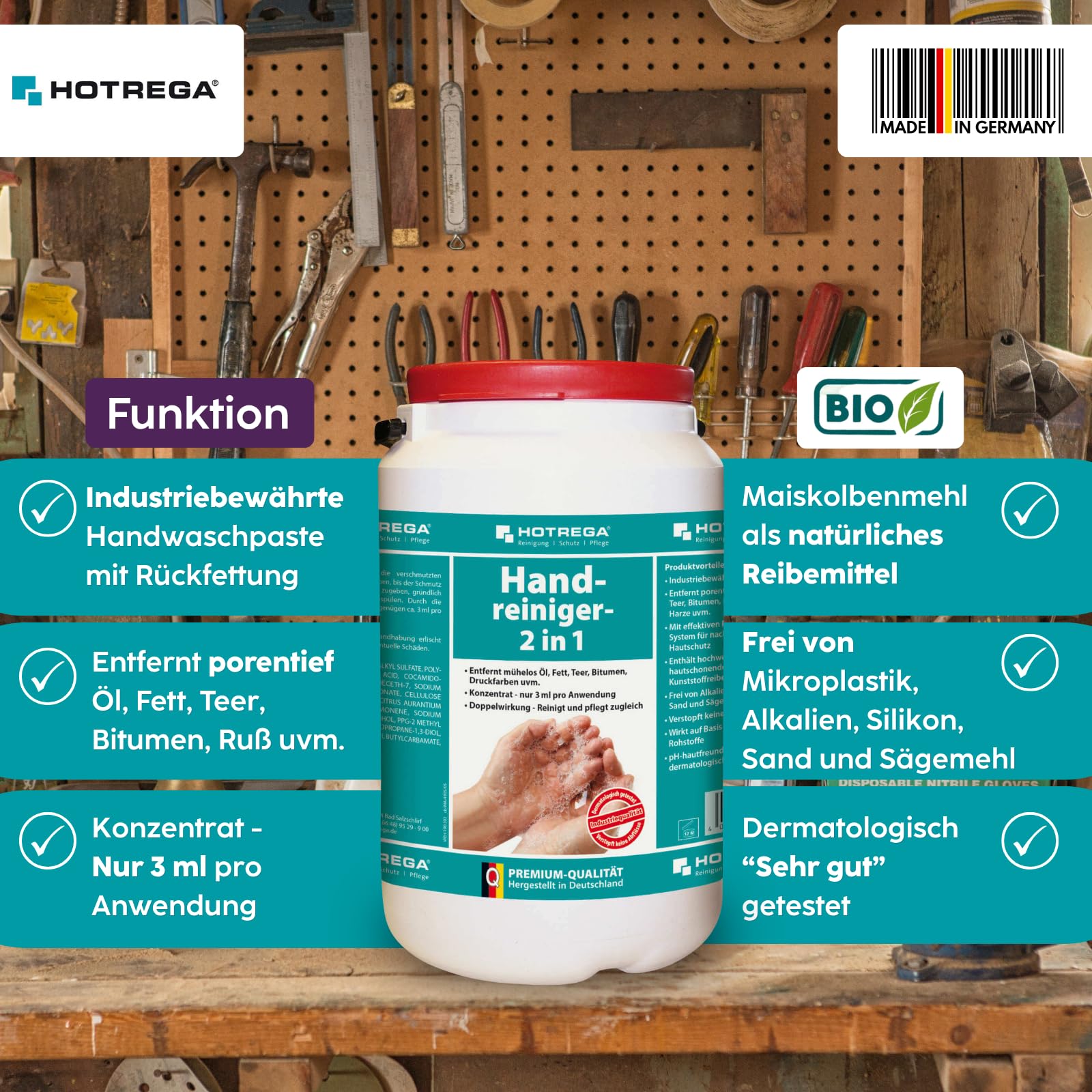 HOTREGA Handreiniger 2in1 6x 3L | Profi Handwaschpaste mit Rückfettung | Kraftvolle Reinigung ohne Mikroplastik | Natürliches Maismehl Reibemittel | pH-hautneutral | Werkstatt & Garten | 18 Liter