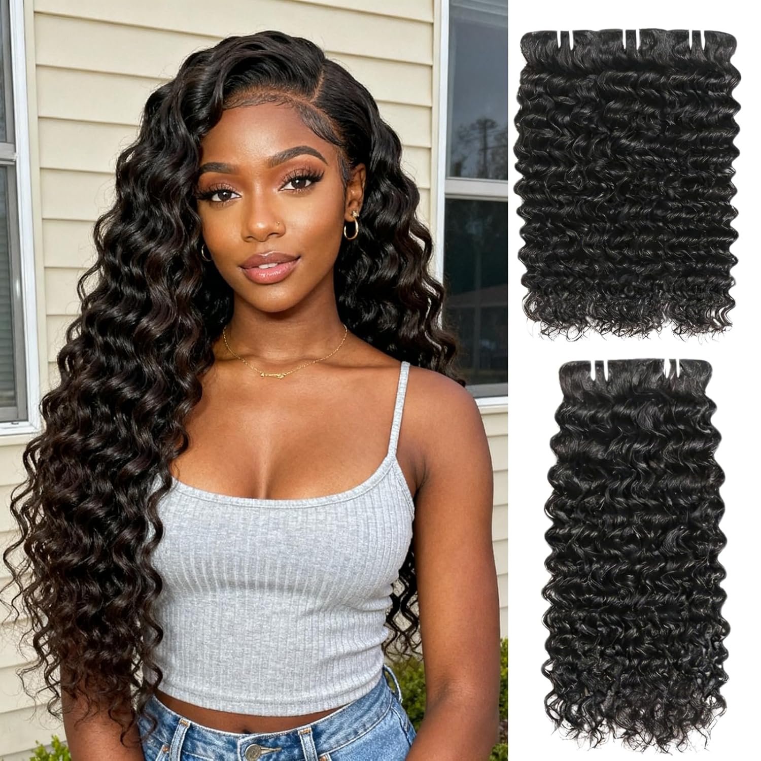 Deep Wave Bundles Human Hair 14 14 14 16 16Inch Human Hair Bundle 100% Unprocessed Brazilian Virgin Hair 5 Bundles Human Hair Extensions for Black Women Natural Color