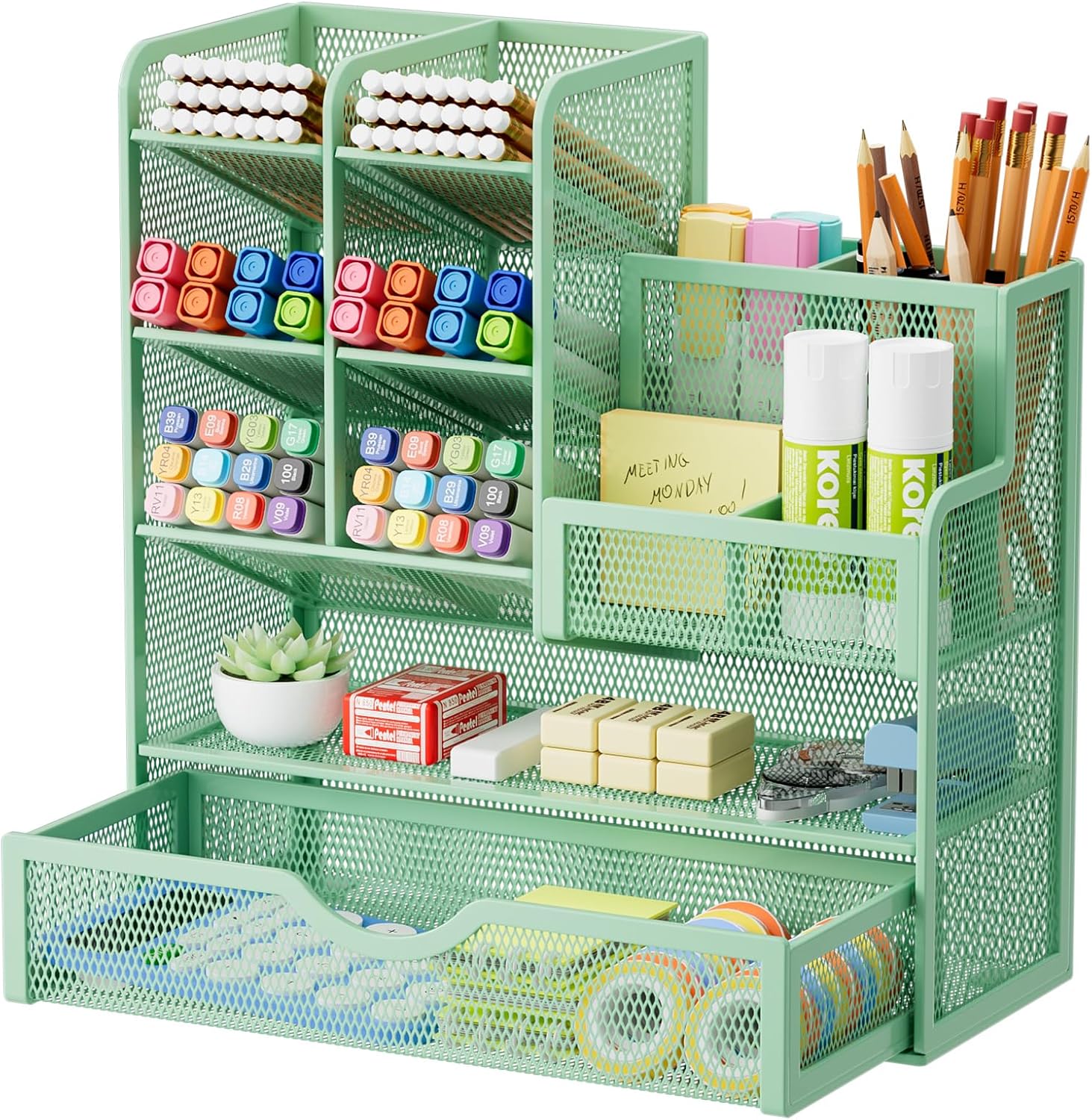 Marbrasse Mesh Pen Holder for Desk, Multi-Functional Pencil Organizer with Drawer, Desk Organizers and Accessories for Office Art Supplies (Green)