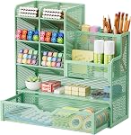 Marbrasse Pen Holder for Desk, Desk Organize with Drawer | Mesh Metal Desk Organizers and Accessories Art Supplies for Home, Office, Classroom, School(Pink)
