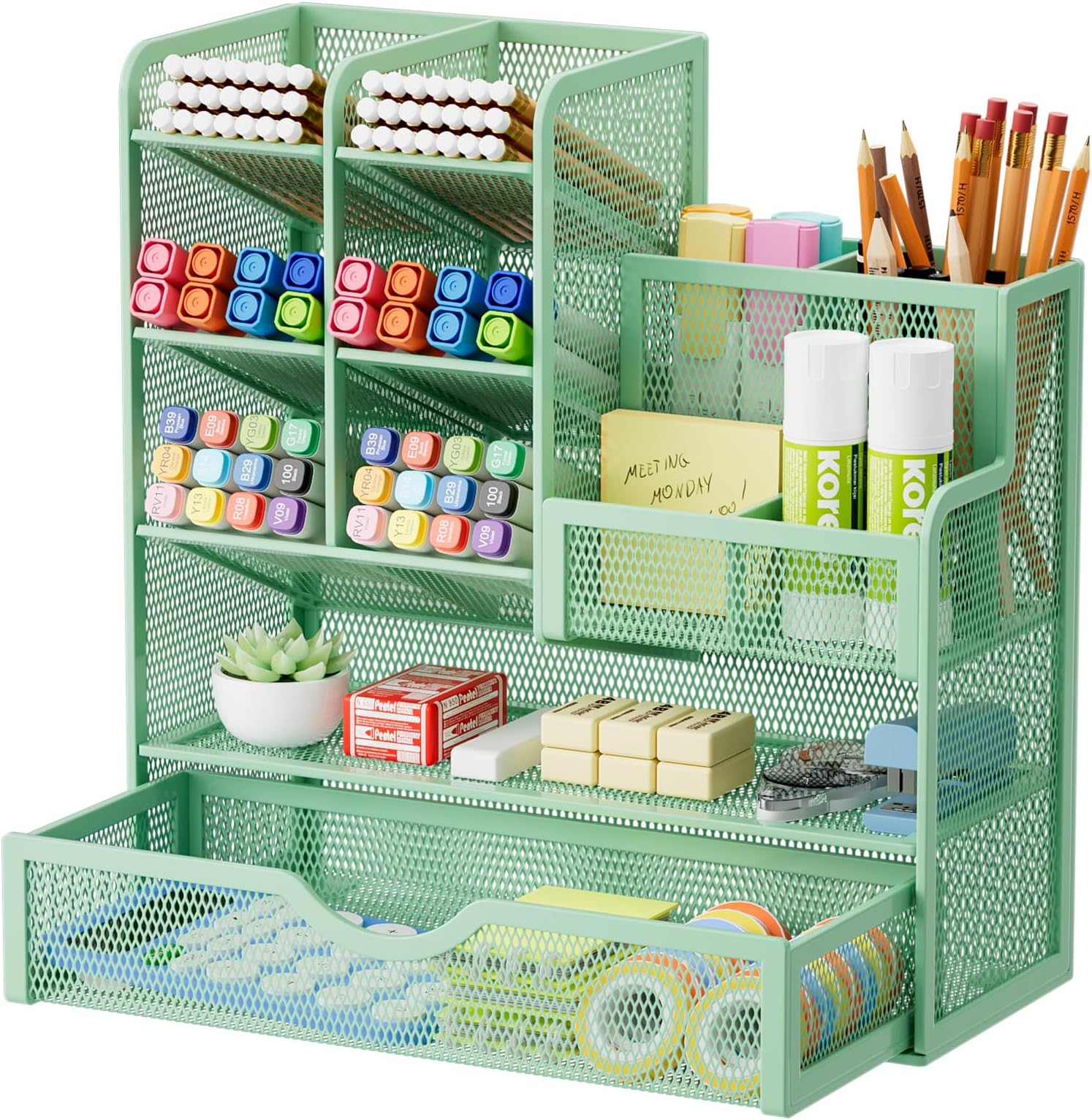 Marbrasse Mesh Pen Holder for Desk, Multi-Functional Pencil Organizer with Drawer, Desk Organizers and Accessories for Office Art Supplies (Green)