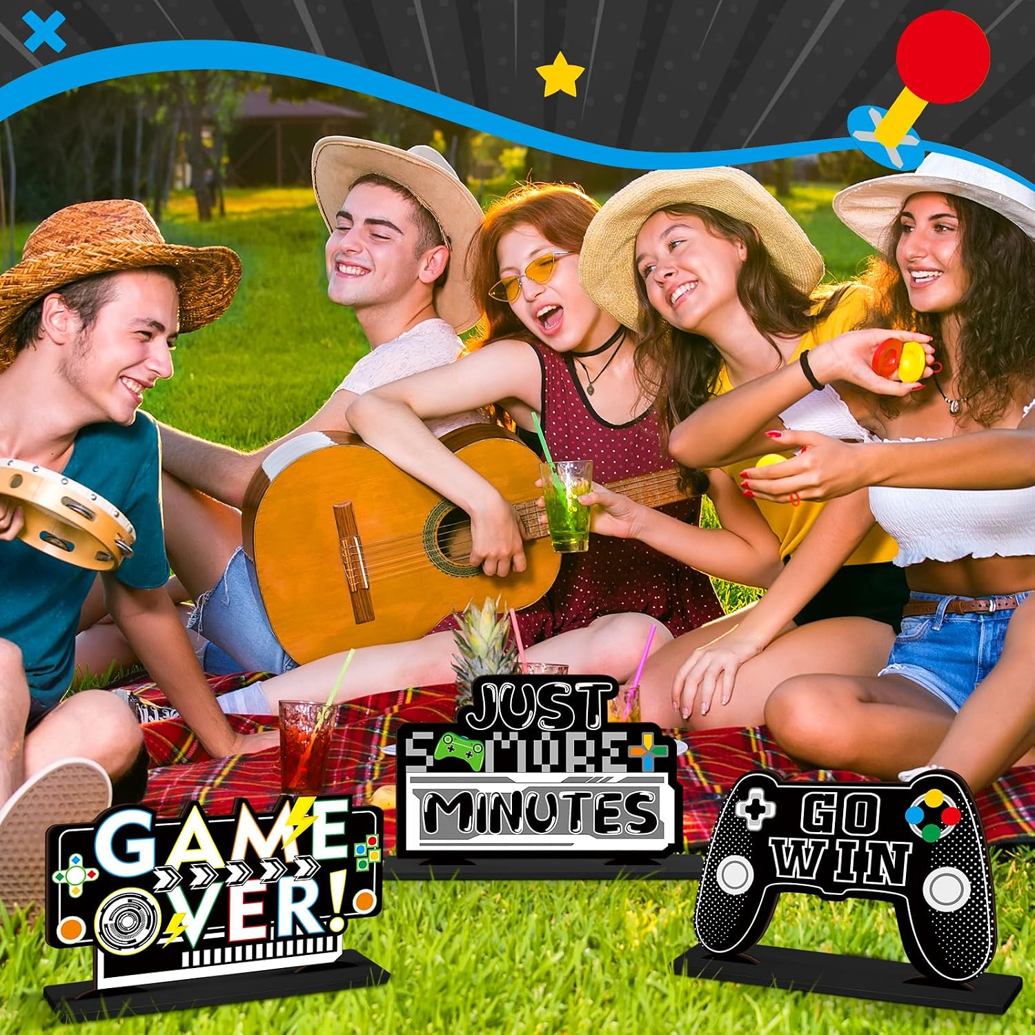 Geetery 6 Pcs Video Game Party Centerpieces Wood Level up Birthday Decorations Gaming Desk Decor Pixelated Table Sign for Adults Birthday Party Theme Fans Supplies(Black)