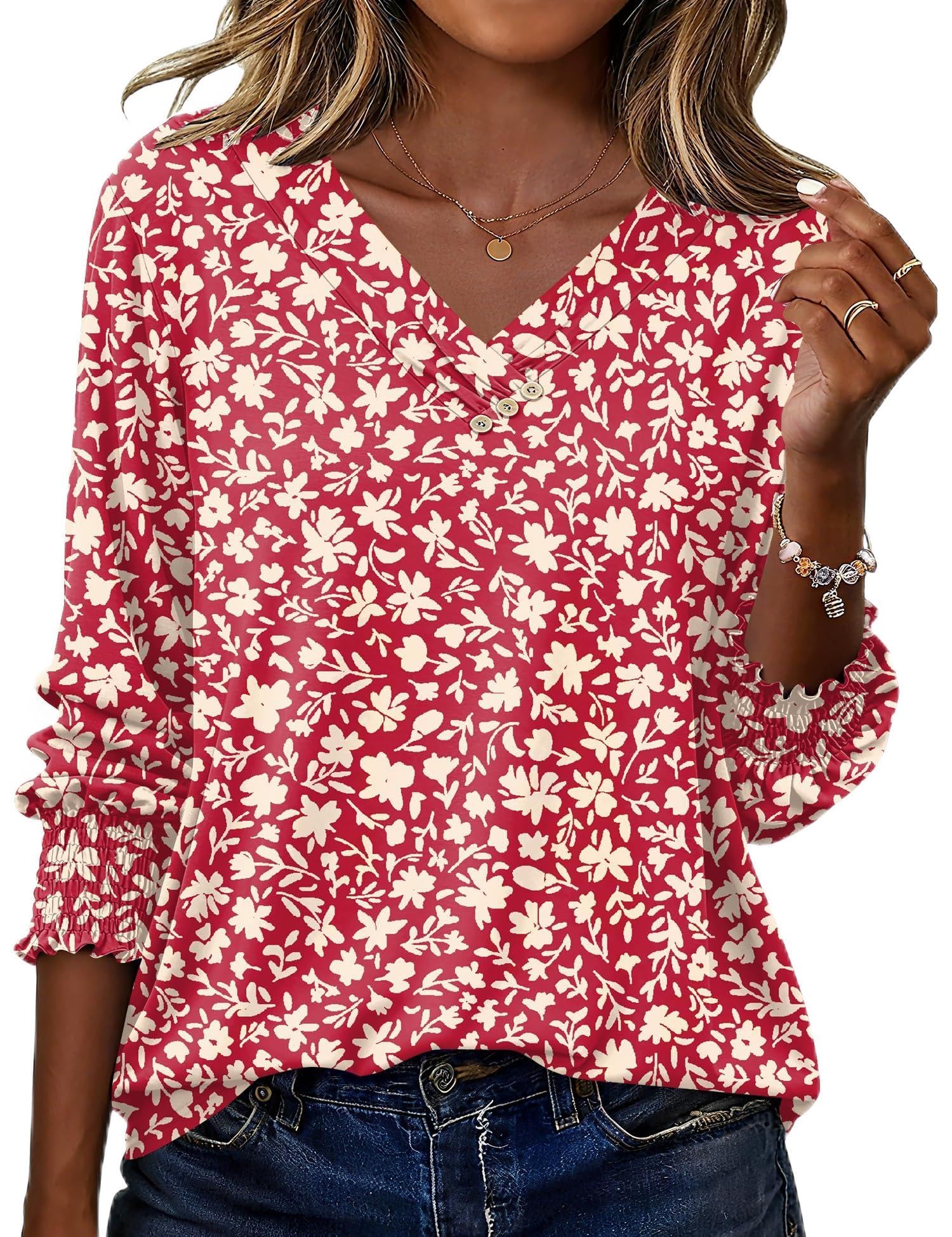 Rapbin Bluse Damen 3/4 Arm Shirt Elegant V-Ausschnitt Tunika Sommer Tops Lässig Oberteil Mit Knopfleiste 2026