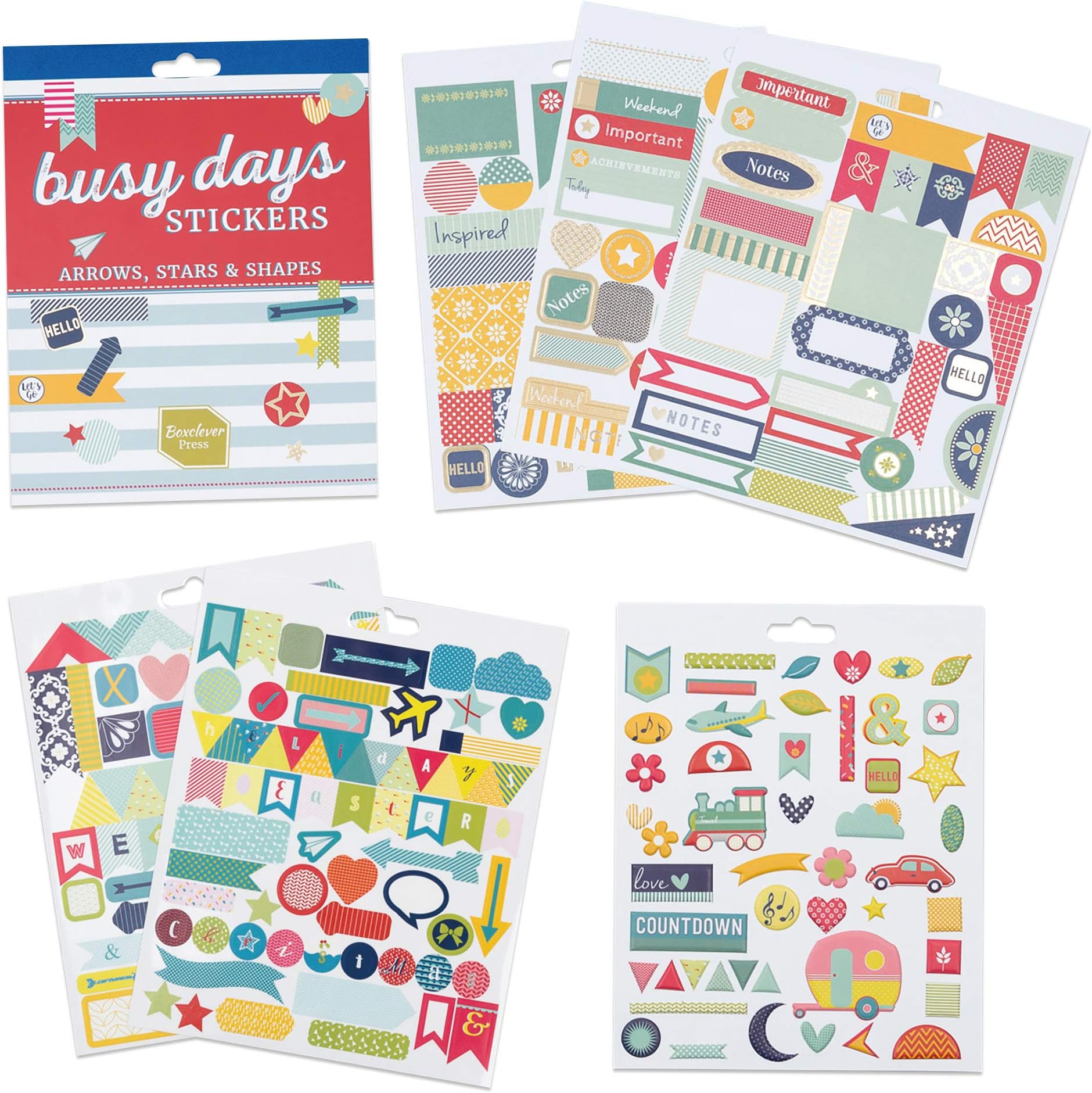Boxclever Press Busy Days Planner & Scrapbook Stickers. 6-page booklet (281 total) of Arrows, Shapes and Star Stickers. Pretty gold foiled paper, embossed and vinyl stickers.