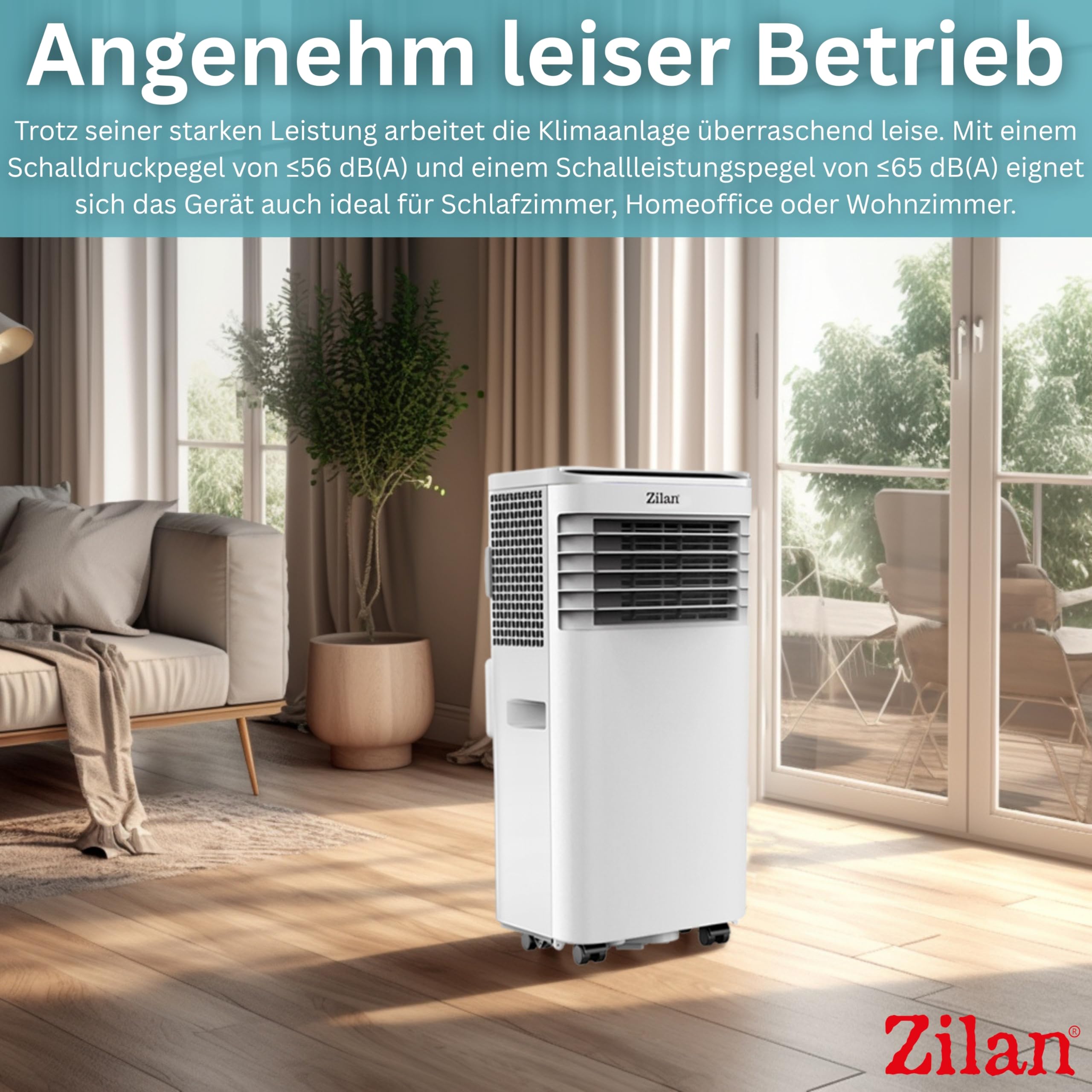 Zilan Mobile Klimaanlage 9000 BTU 3-in-1 Mobiles Klimagerät mit Abluftschlauch & Fensterkit – Kühlen, Entfeuchten & Ventilator, für Räume bis 50 m², 24h Timer, Schlafmodus, LED Display, Fernbedienung