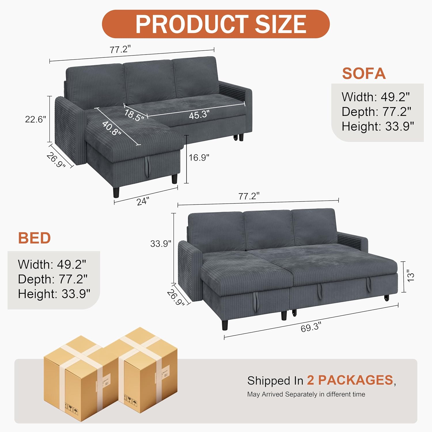 Vongrasig Pull Out Couch, Small Sleeper Sofa with Storage, 77" L Shaped Convertible Sofa Bed with Corduroy Fabric for Small Living Room, Apartment, Dark Grey