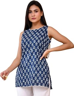 POISED Women Round Neck Sleeveless Block Print Cotton Short Kurti, Short Length Tunic Top with Side Slits Price In India