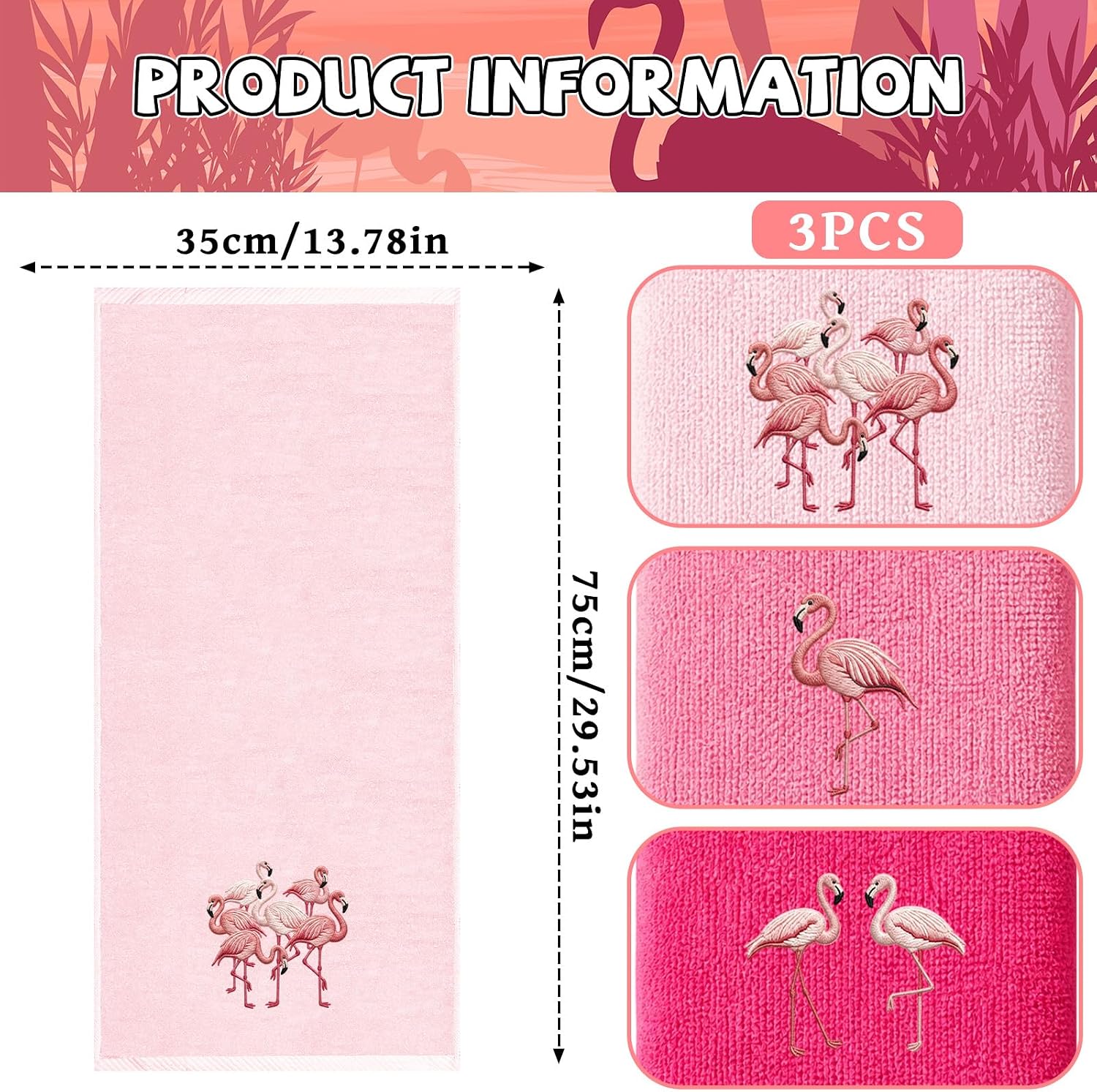 Flamingo Hand Towels Set of 3, 30x14 Inch Cotton Embroidered Pink Beach Bathroom Towels, Soft Absorbent Kitchen Dish Towel for Summer Tropical Home Decor Housewarming Gifts