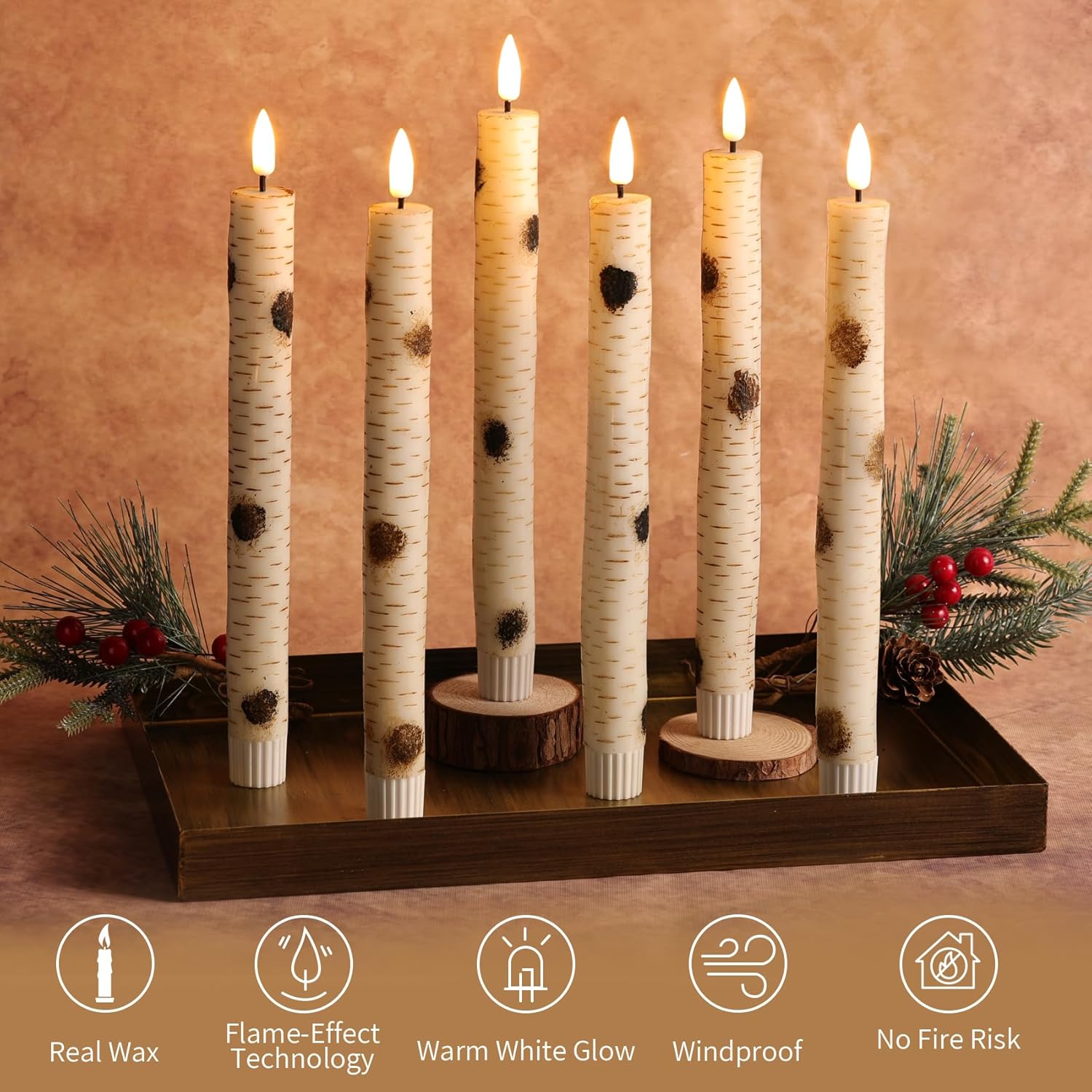 Birch Bark Flameless Taper Candles with Remote, Flickering Battery Wood LED Candlesticks Set of 6