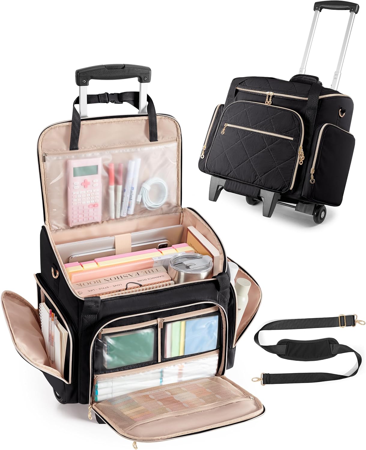 Rolling Teacher Bag with 15.6" Laptop Compartment, Wheeled Work Briefcase Tote with Detachable Trolley for Women, Black