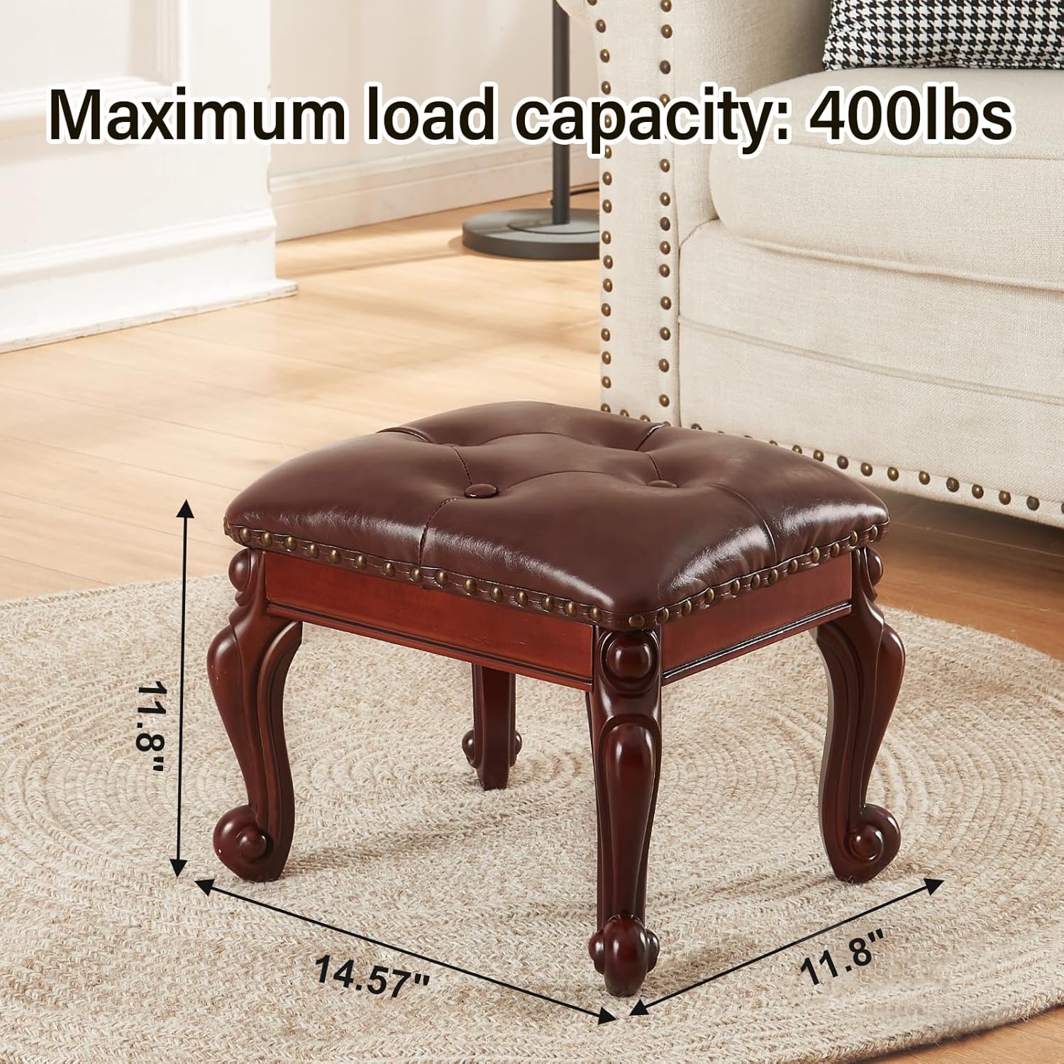 Ottoman Foot Rest, Small Leather Footstool, Vintage Living Room Ottoman, Solid Wooden Shoe Stool, Dark Brown