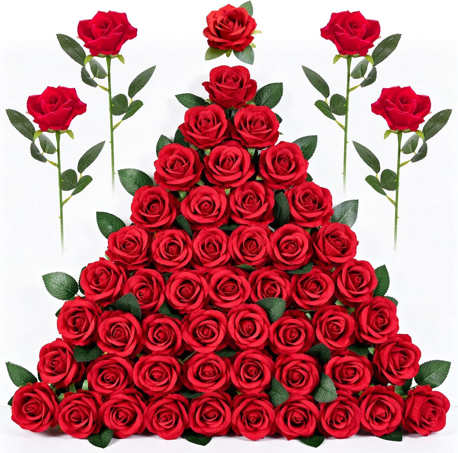 Fake Red Roses Set, 50 PCS Artificial Flowers Bulk, Realistic Silk Faux Rose with Stems, for Wedding Decoration, Anniversary, Bridal Bouquet, DIY Floral Arrangement, Valentines Day Flowers
